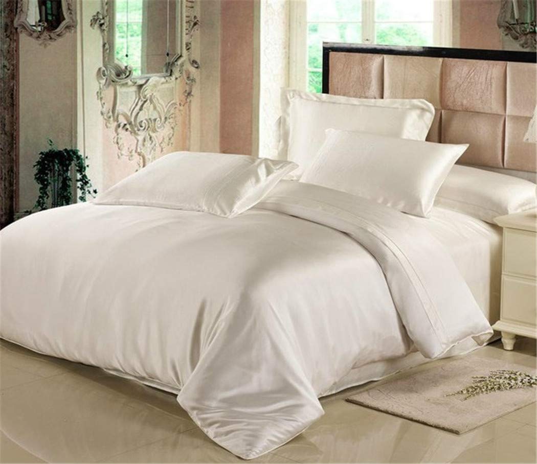 100% Mulberry Silk Bedding Set - 19 Momme 4-Piece Duvet Cover & Fitted Sheet for Full/Queen/King Size Beds | Luxury Soft Breathable Bed Sheets for All Seasons | Perfect for Master Bedroom, Guest Room & Hotel Use