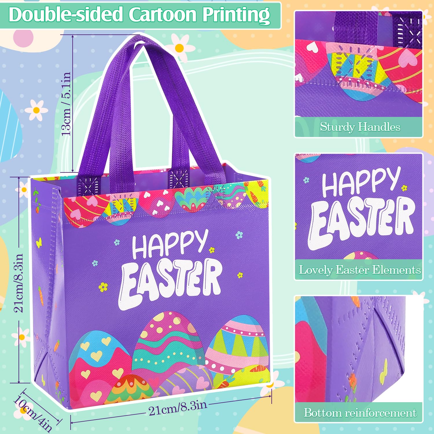 16PCS Reusable Easter Gift Bags with Handles - Non-Woven Easter Egg Hunt Treat Bags for Party Favors, Candy & Goodies | Easter Basket Fillers, Holiday Gift Wrapping & Spring Party Supplies