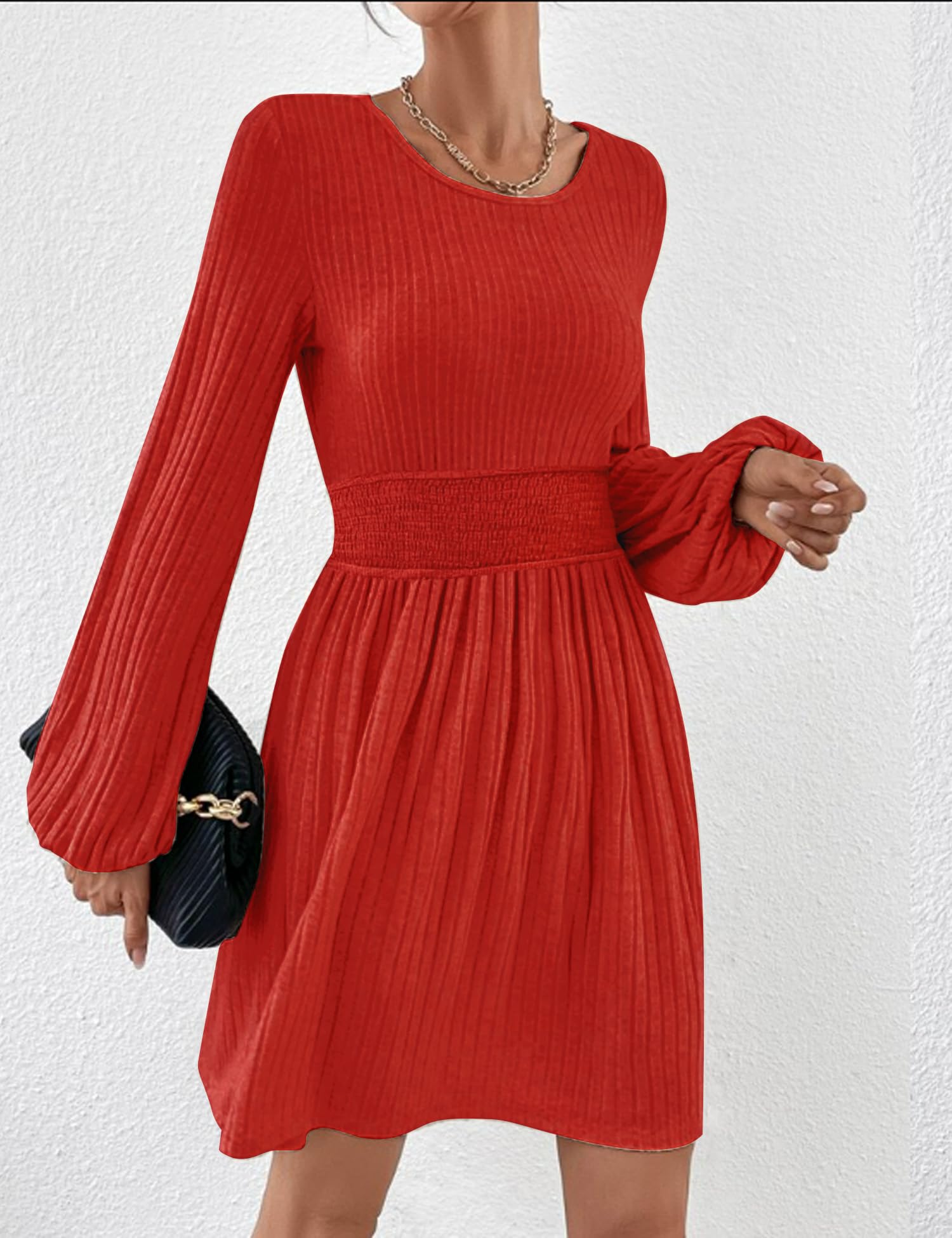 KOJOOIN Women's Long Sleeve Crewneck Knit Sweater Dress - A-Line Knee Length Fall Winter Casual Dress for Work, Dating & Holiday Parties