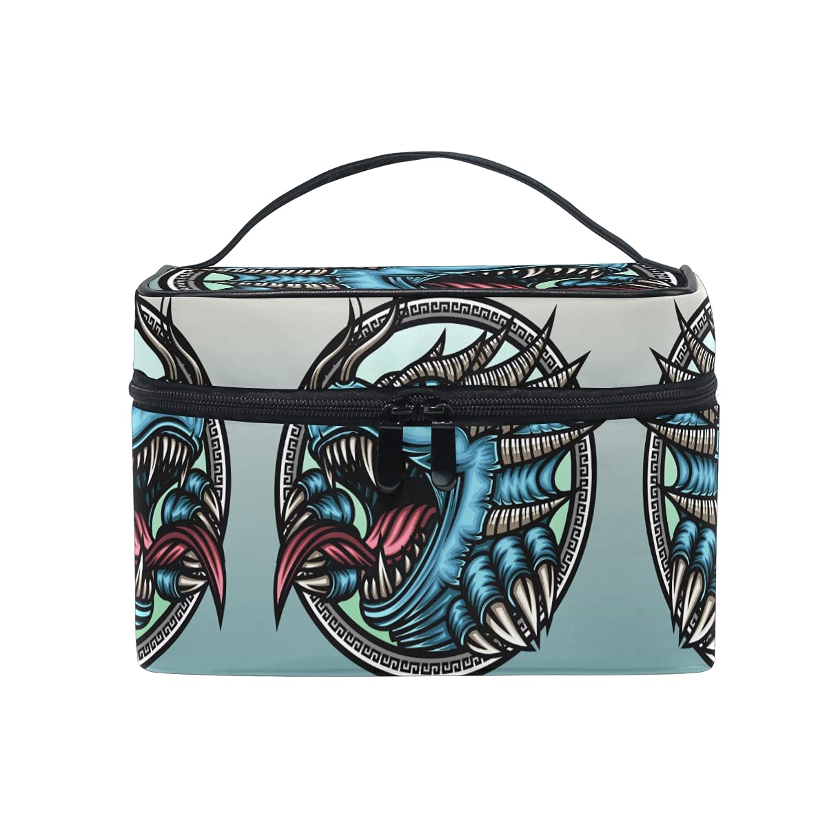 Angry Blue Dragon Dinosaur Cosmetic Bag - Waterproof Makeup Organizer with Zipper for Women & Girls - Perfect for Travel, Gym, and Daily Beauty Storage