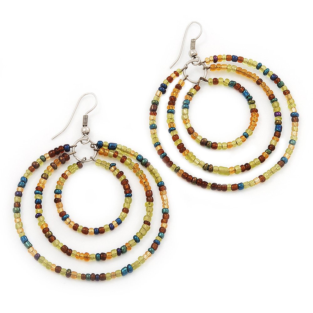 Stylish Lime Green & Brown Glass Bead Hoop Earrings in Silver Finish - 6.5cm (2.56 inches) Dangle Earrings for Women | Perfect for Parties, Weddings & Everyday Fashion Accessories