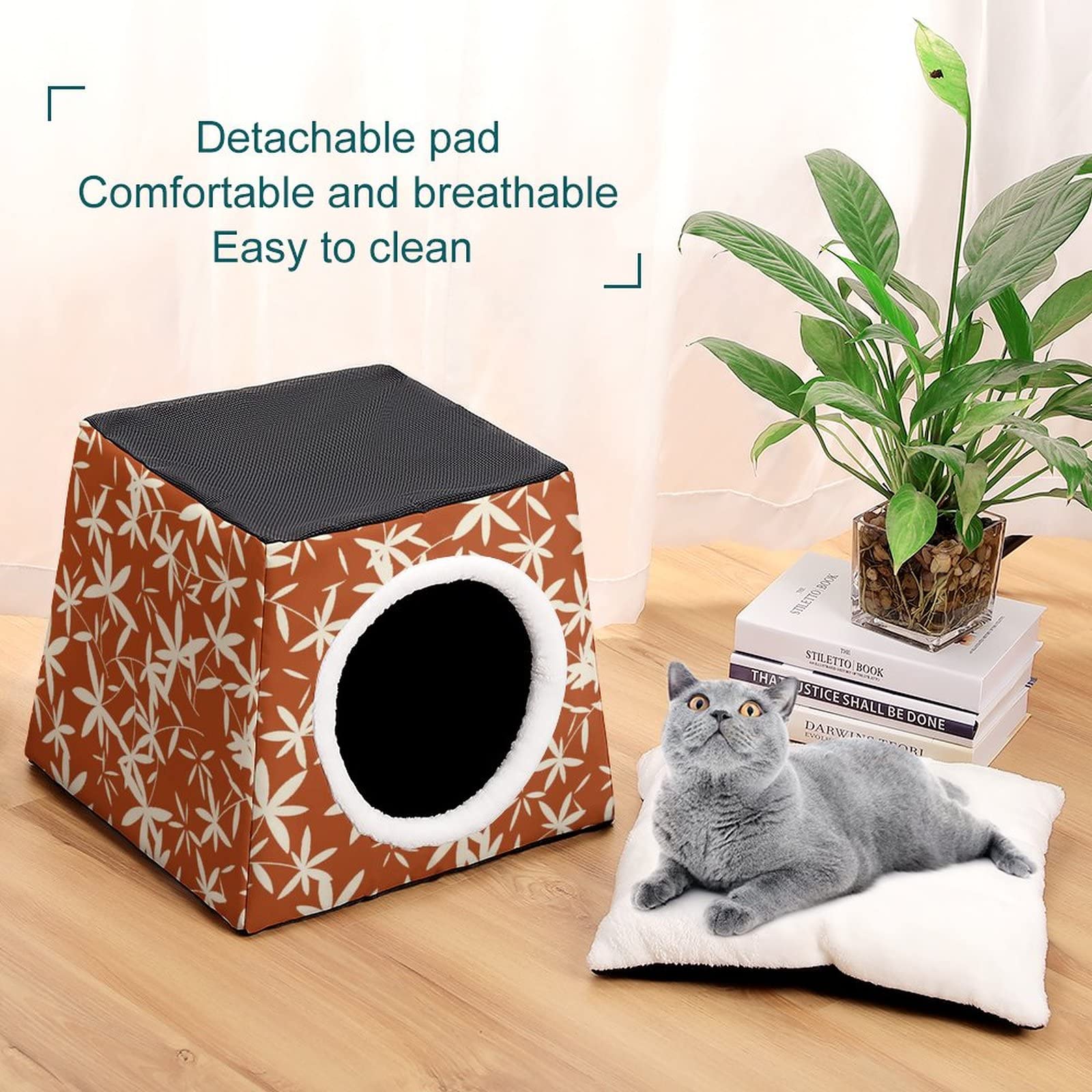3-in-1 Foldable Cat House with Removable Cushion - Cat Bed, Sofa & Scratching Toy - Bamboo Leaf Design for Indoor Cats - Perfect for Living Room, Bedroom & Pet Play Areas