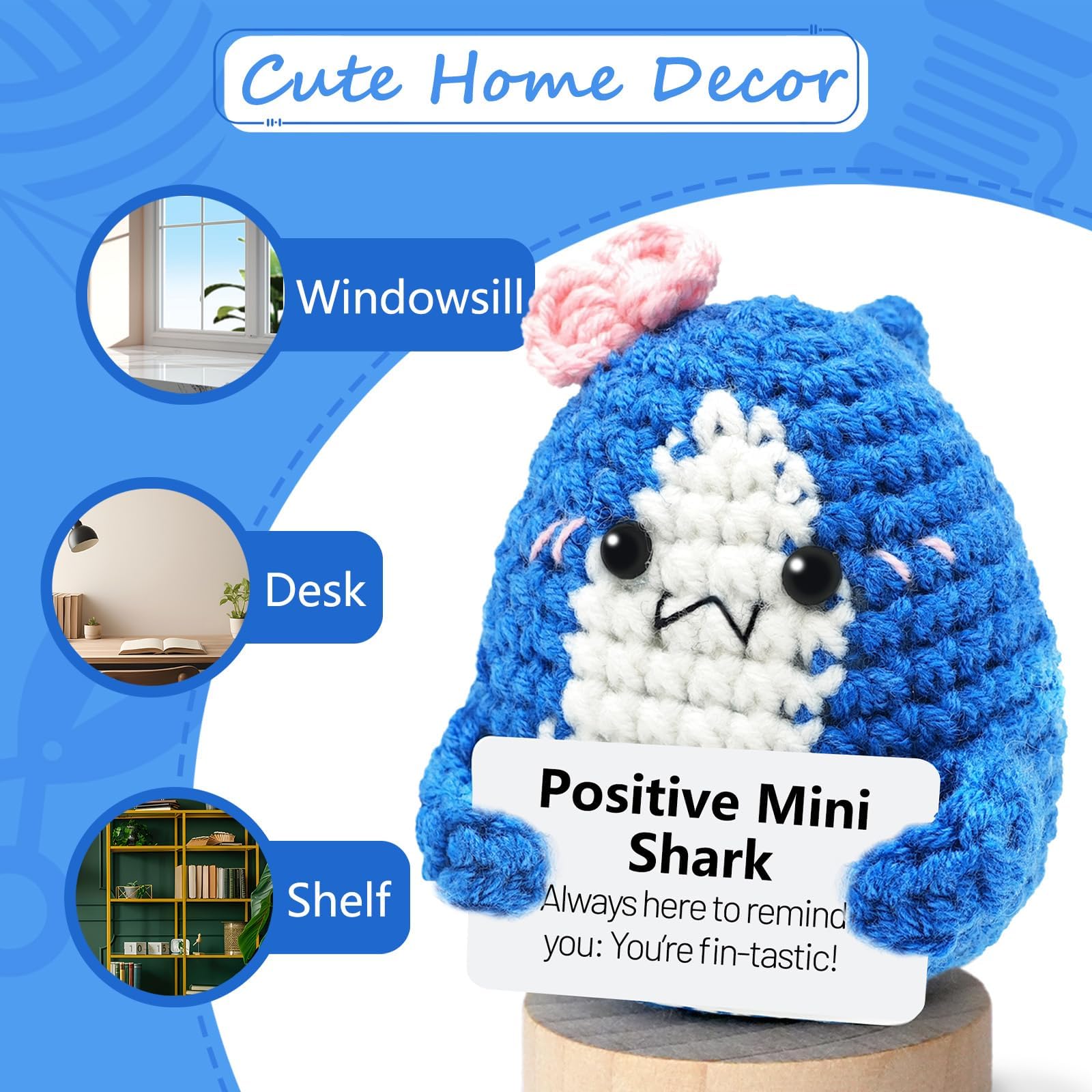 Cute Crochet Shark Plush Toy - Unique Animal Gift for Shark Lovers, Inspirational Birthday Present for Women & Men - Perfect Desk Decor for Office or Home
