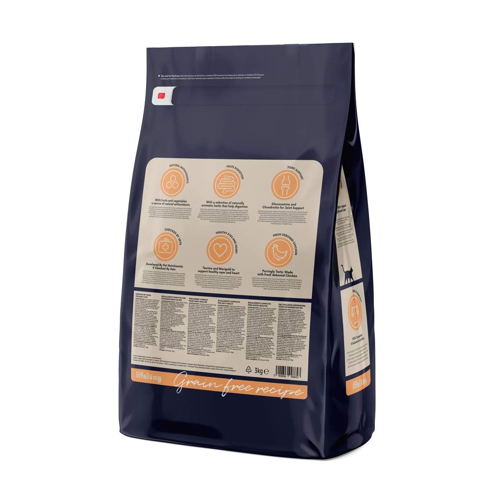 Lifelong Grain-Free Dry Cat Food for Adult Cats with Fresh Chicken - 3kg | High Protein, Natural Ingredients | Perfect for Indoor & Outdoor Cats - Healthy Skin & Coat Support
