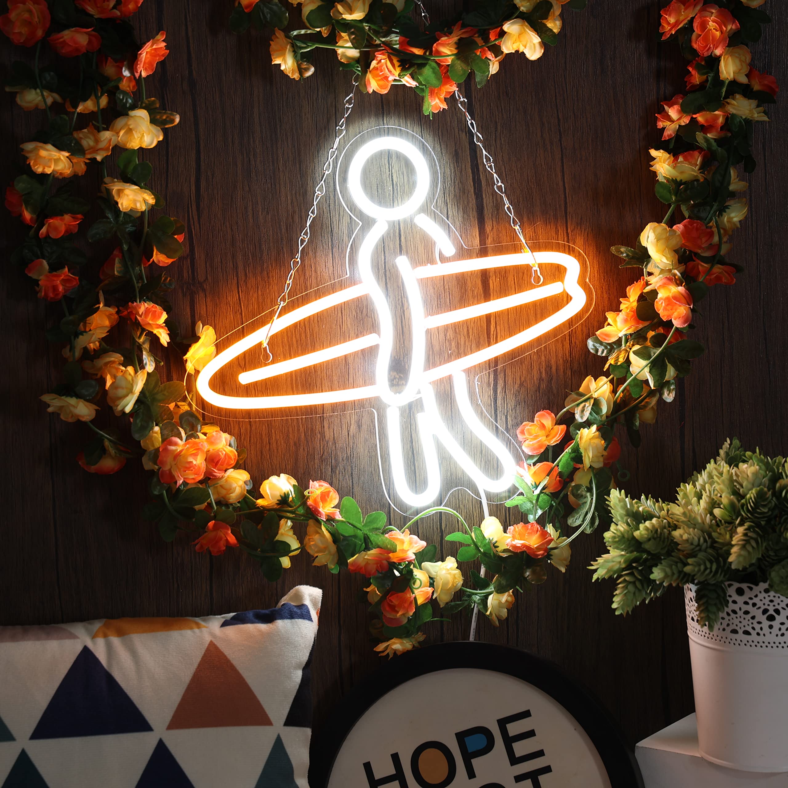 Surfer Neon Sign - Aesthetic Dimmable LED Wall Decor for Bedroom, Anime Room & Game Room - 13x12 Inches Orange Neon Light - Perfect for Teen Room, Dorm Decor & Man Cave Lighting