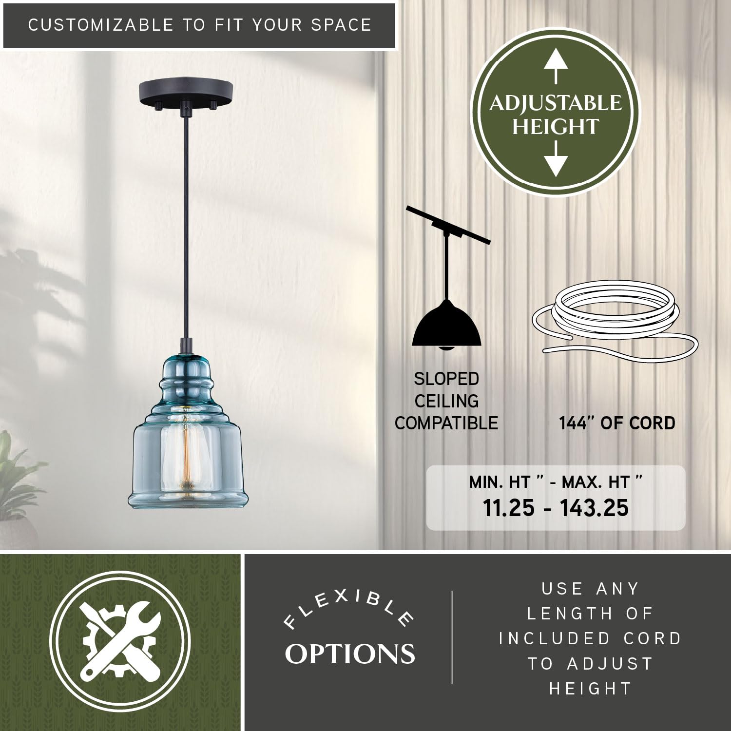 VAXCEL Millie Jar Mini Pendant Light - Oil Rubbed Bronze Finish with Smoke Blue Glass - Farmhouse & Kitchen Island Ceiling Lighting - Perfect for Dining Room, Breakfast Nook & Rustic Home Decor