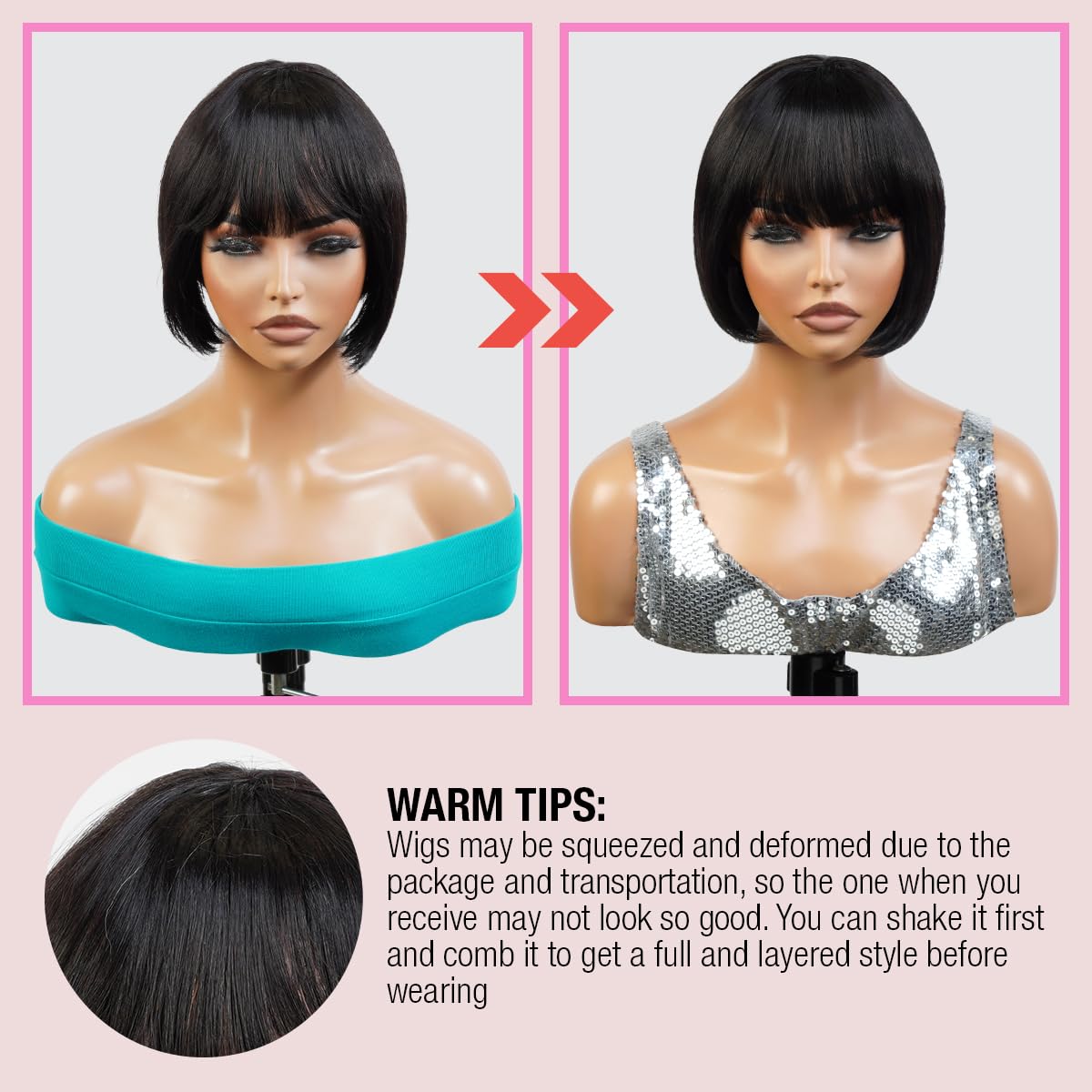 Instant Fab Short Human Hair Wigs - Pixie Cut with Bangs for Black Women | Tourmaline (TL34/51) | Layered Non-Lace Front Wig for Everyday Wear & Special Occasions