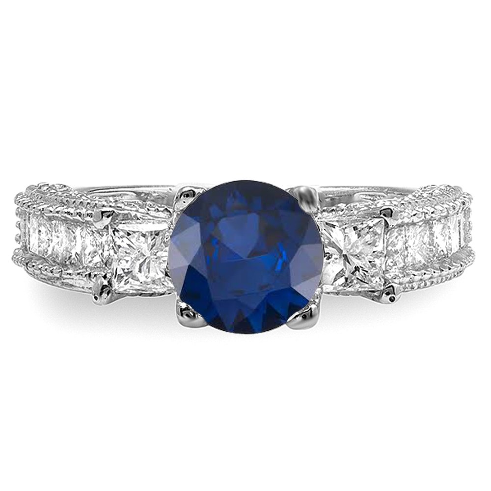 14K Solid White Gold Blue Sapphire & Diamond Women's 3 Stone Engagement Ring – Elegant Bridal Jewelry for Weddings, Anniversaries & Special Occasions