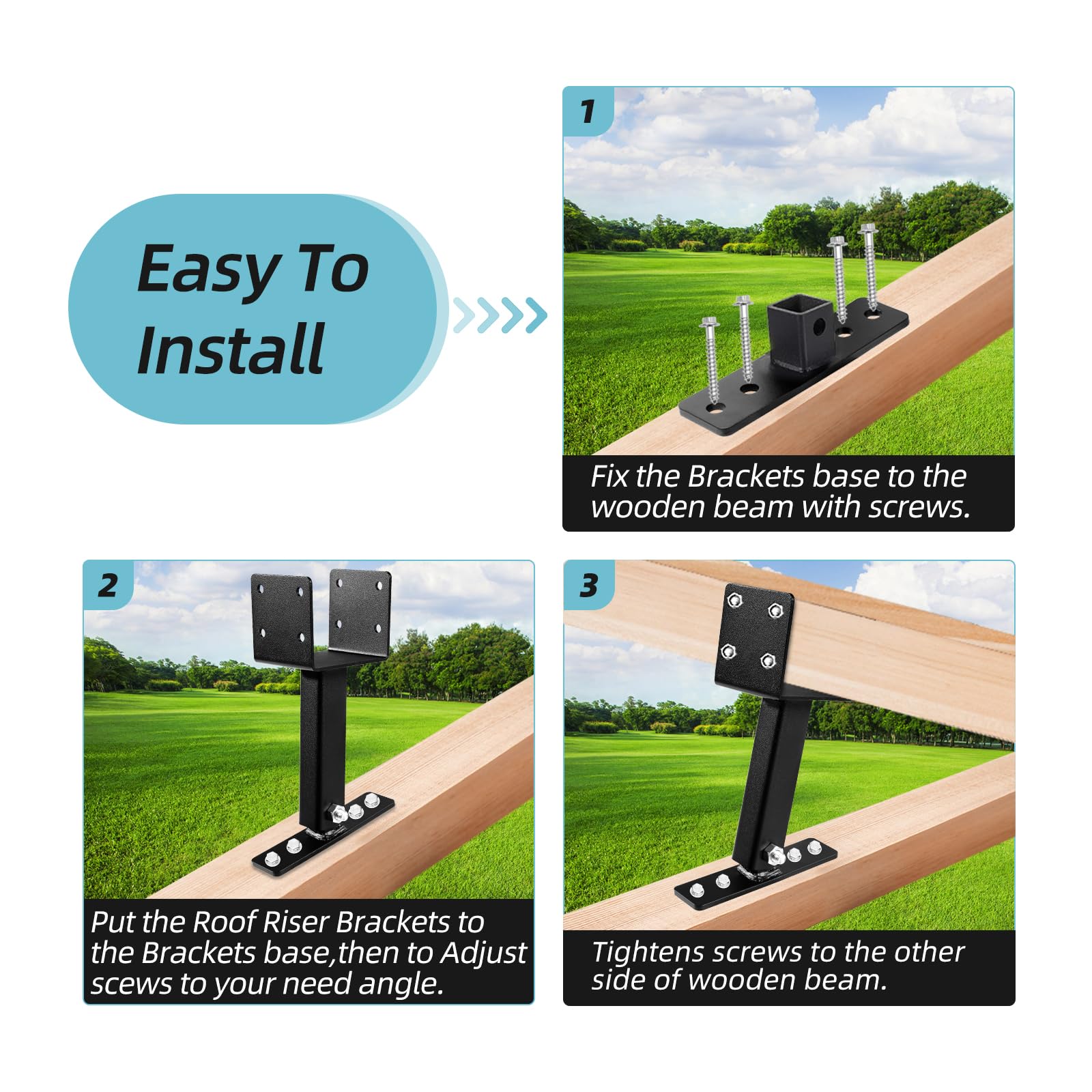 3 Pack Heavy Duty Adjustable Pergola Roof Riser Brackets Kit - Fits 4×4 Wood Beams for Patio Covers, Gazebos & Outdoor Structures - Perfect for DIY Backyard Pergola Installation & Wooden Deck Roof Support