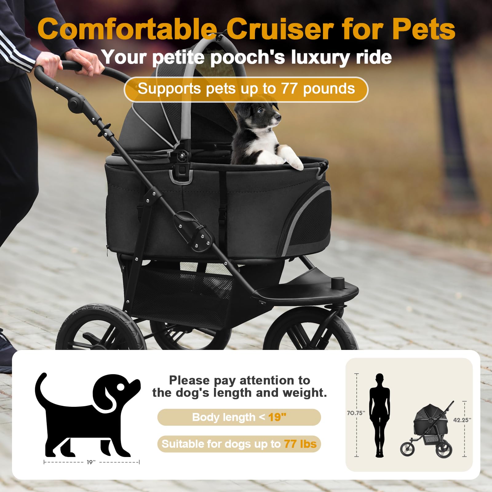 Premium 3-in-1 Dog Stroller for Small & Medium Dogs & Cats - All-Terrain 3-Wheel Jogging Pet Carrier with Removable Basket, Storage Compartment & Cup Holder (Black) - Perfect for Outdoor Walks, Park Visits & Vet Trips
