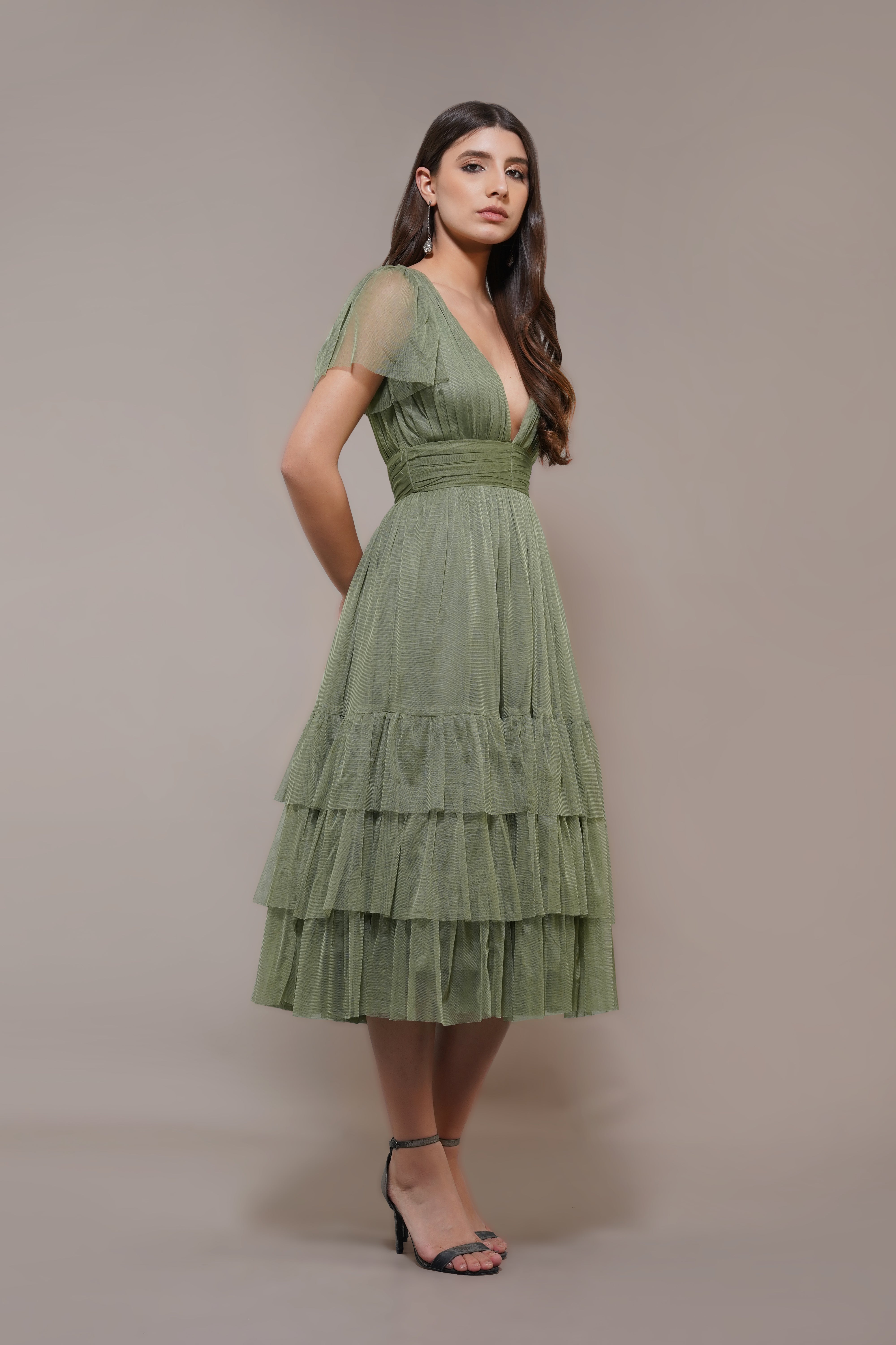 Madison Soft Olive Tulle Bridesmaid Midi Dress - Elegant Wedding Party Gown for Bridesmaids, Formal Occasions & Special Events