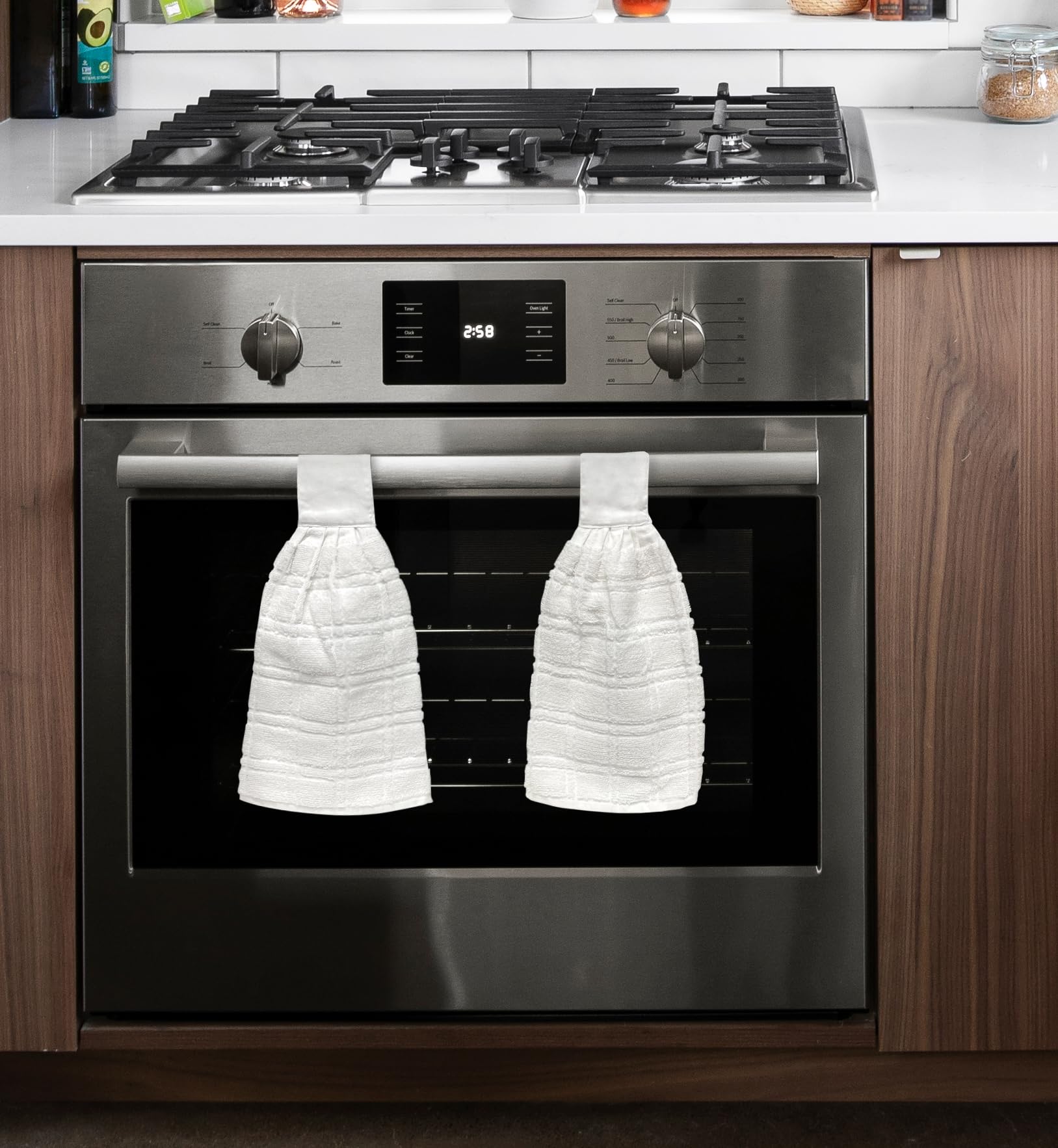 Kovot Set of 2 White Cotton Hanging Tie Towels with Hook & Loop Fasteners - Perfect for Kitchen, Bathroom, and Gym Use