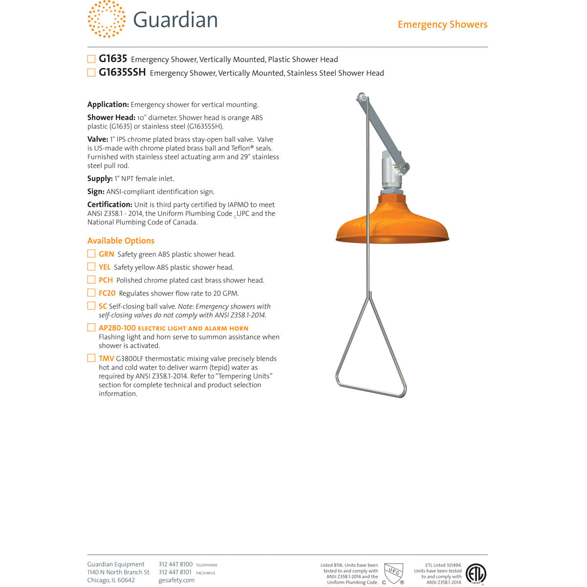 Guardian G1635 Emergency Drench Shower - ANSI Compliant Vertical Mount Safety Shower for Chemical Spills & Workplace Safety | Lab, Factory, Industrial Use