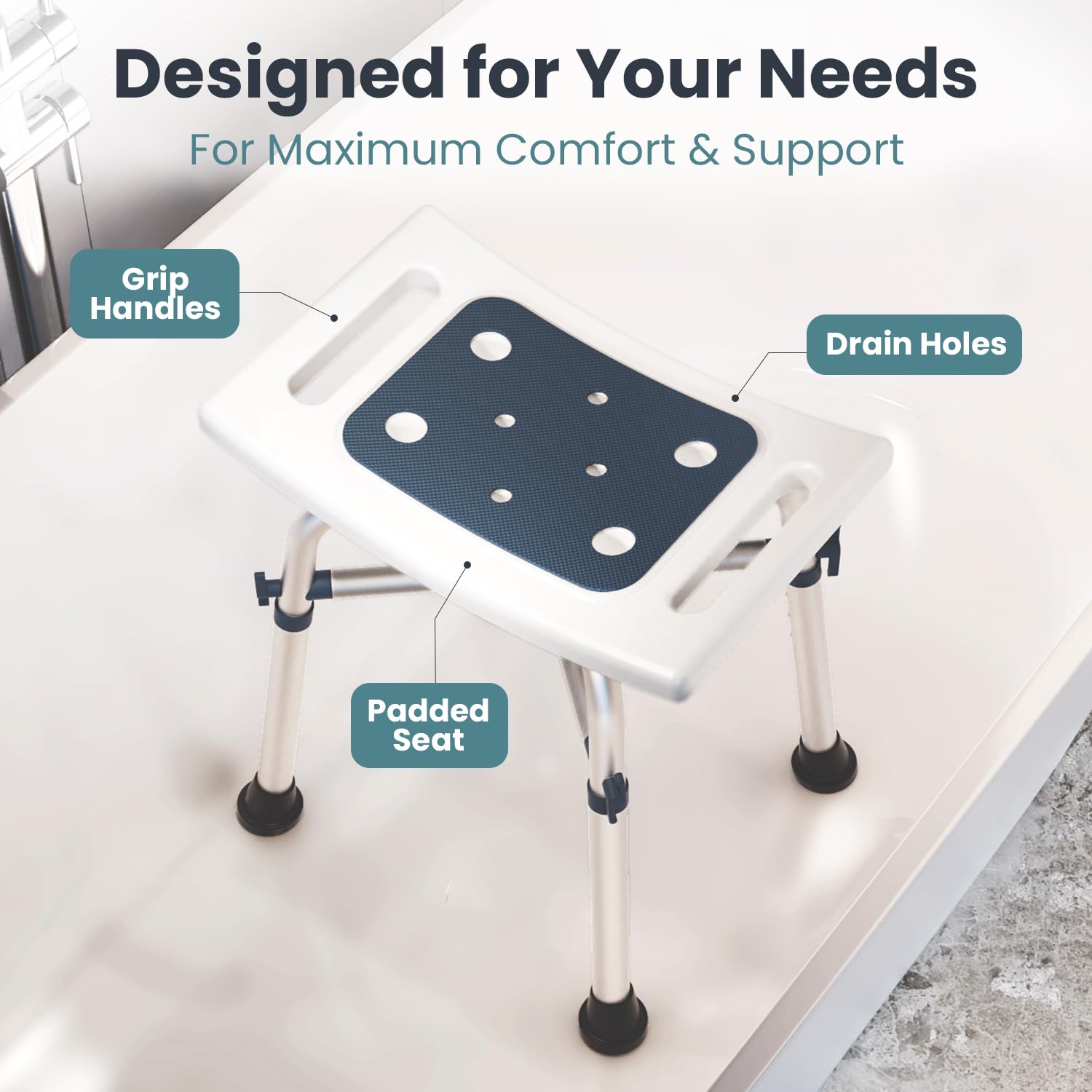 **Adjustable Height Shower Stool for Adults - 350 lb Weight Capacity - Non-Slip Bath Chair for Elderly & Disabled - Dark Blue - Perfect for Safe Showering, Spa Relaxation & Bathroom Comfort**