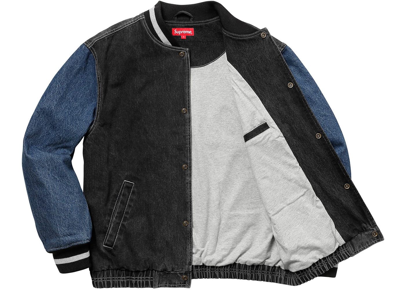 Supreme Black Denim Varsity Jacket for Men - Stylish Casual Outerwear for Streetwear, Hip Hop Fashion & Urban Lifestyle