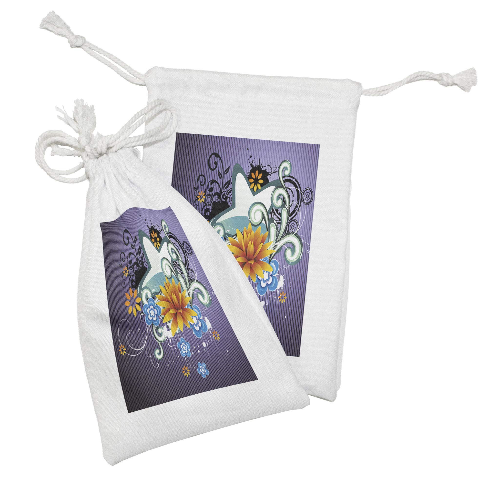 Ambesonne Modern Fabric Pouch Set of 2 - Stylish Dark Purple Drawstring Bags with Stars, Flowers & Swirls Pattern (9
