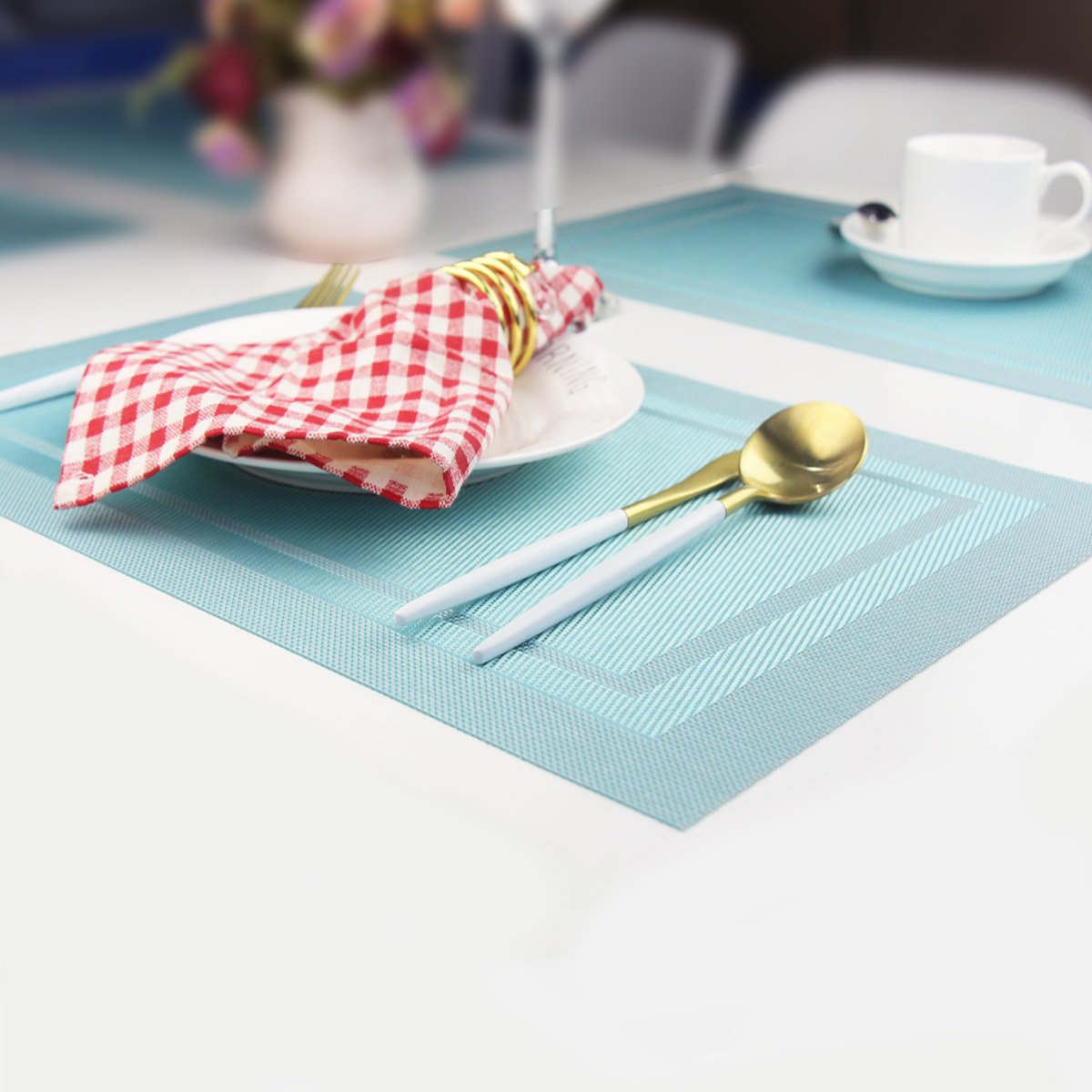 Premium Non-Slip Heat Insulation Placemats Set of 6 - Washable Woven Vinyl Table Mats for Dining Kitchen, Stain Resistant & Easy to Clean (Sky Blue) - Perfect for Family Meals, Dinner Parties & Daily Use