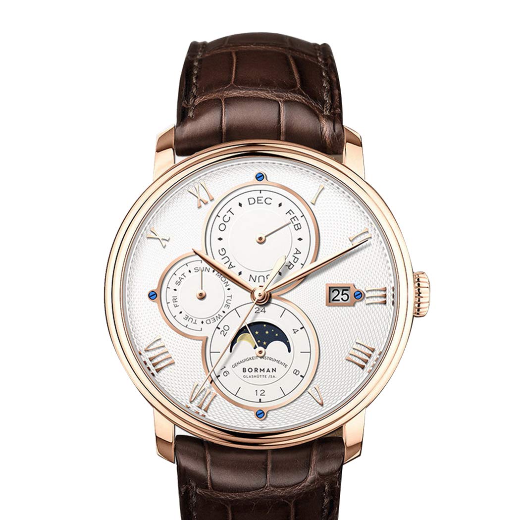 BORMAN Men's Automatic Luxury Dress Watch - Self-Winding Mechanical Movement, 50M Waterproof, Date/Month/Week/24H/Sun-Moon Display - Perfect for Business, Formal Occasions & Everyday Wear
