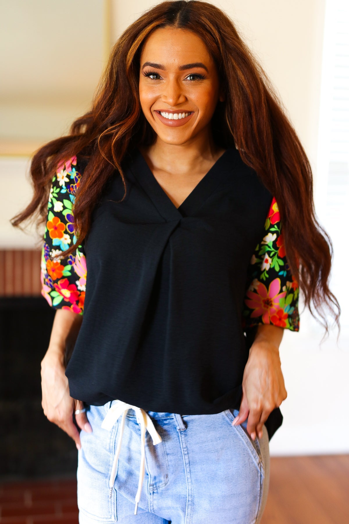 Eyes On You Black Floral Puff Sleeve V Neck Top - Women's Fashion Blouse for Date Night & Special Occasions