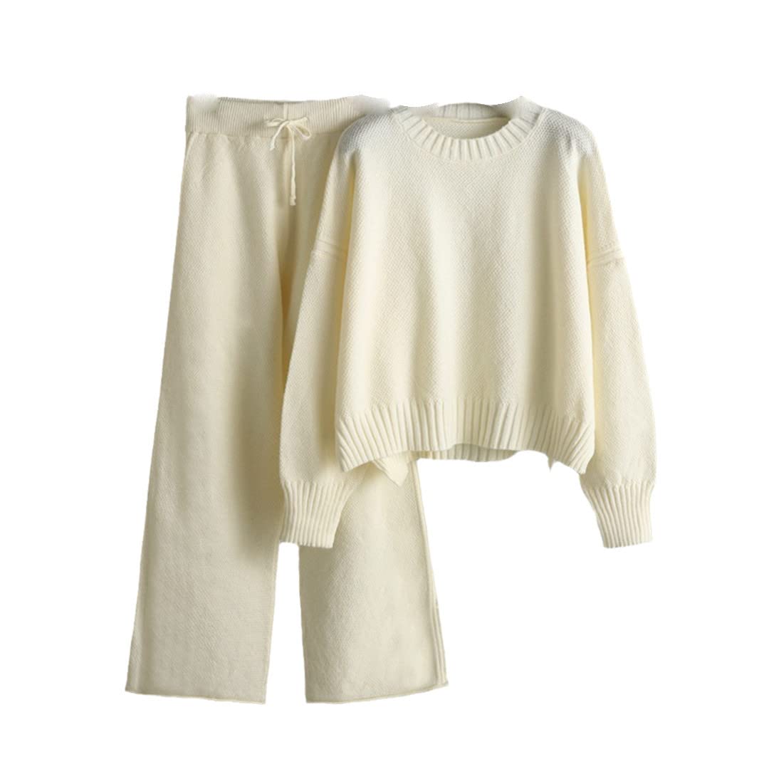 Women's 2-Piece Knitted Loose Pants & O-Neck Sweater Set - Warm Autumn Winter Tracksuit Outfit for Casual Wear, Lounge & Travel