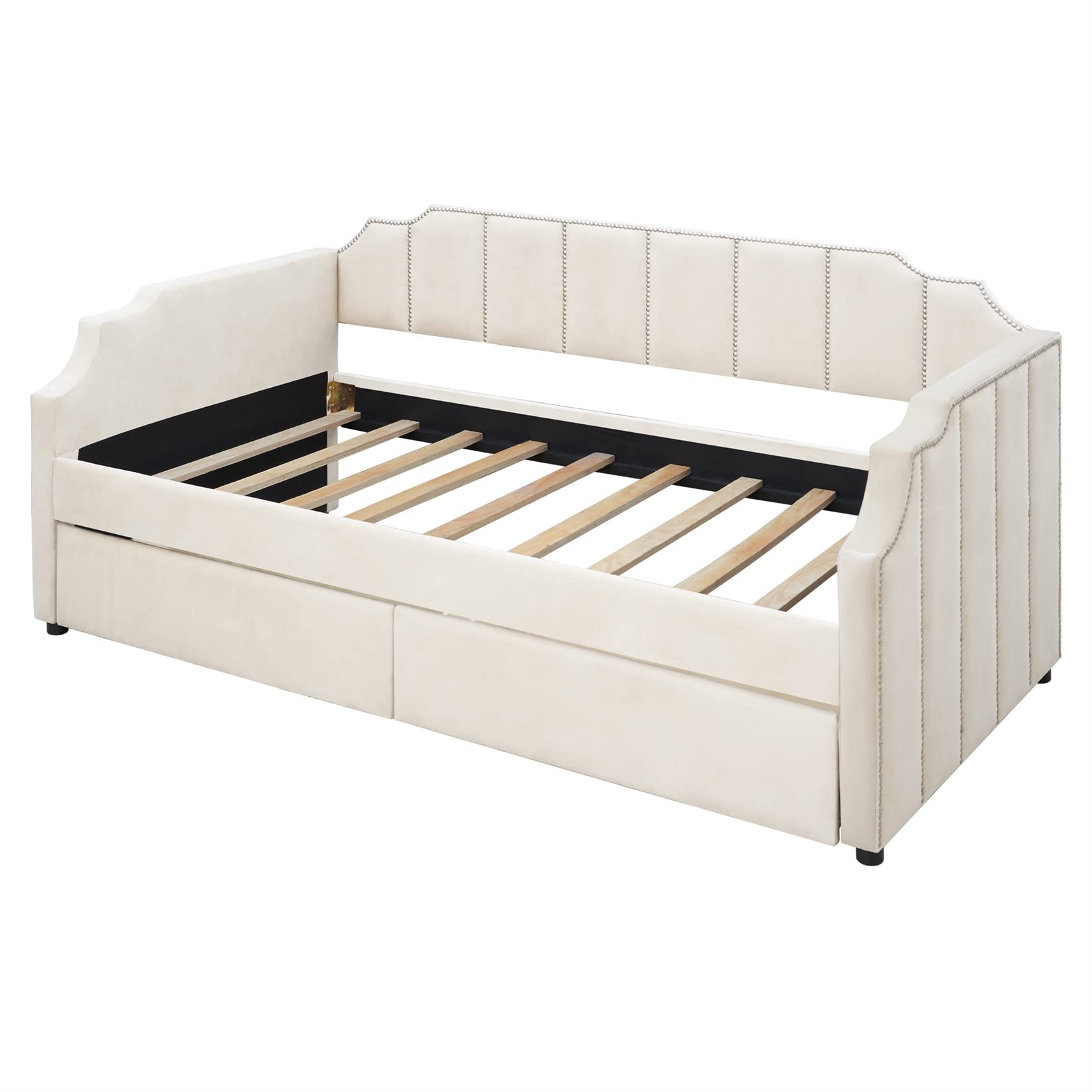 Bellemave Twin Upholstered Daybed with Storage Drawers - Convertible Sofa Bed in Soft Beige Velvet for Living Room, Bedroom & Guest Room - Perfect for Small Spaces, Sleepovers & Extra Seating