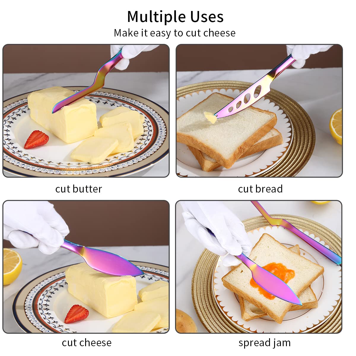 Kyraton 3-Piece Rainbow Cheese Knife Set - Ergonomic Titanium Plated Cheese Slicer, Butter Knife & Cheese Cutter for Hard & Soft Cheeses - Perfect for Charcuterie Boards, Wine Parties & Gourmet Cooking