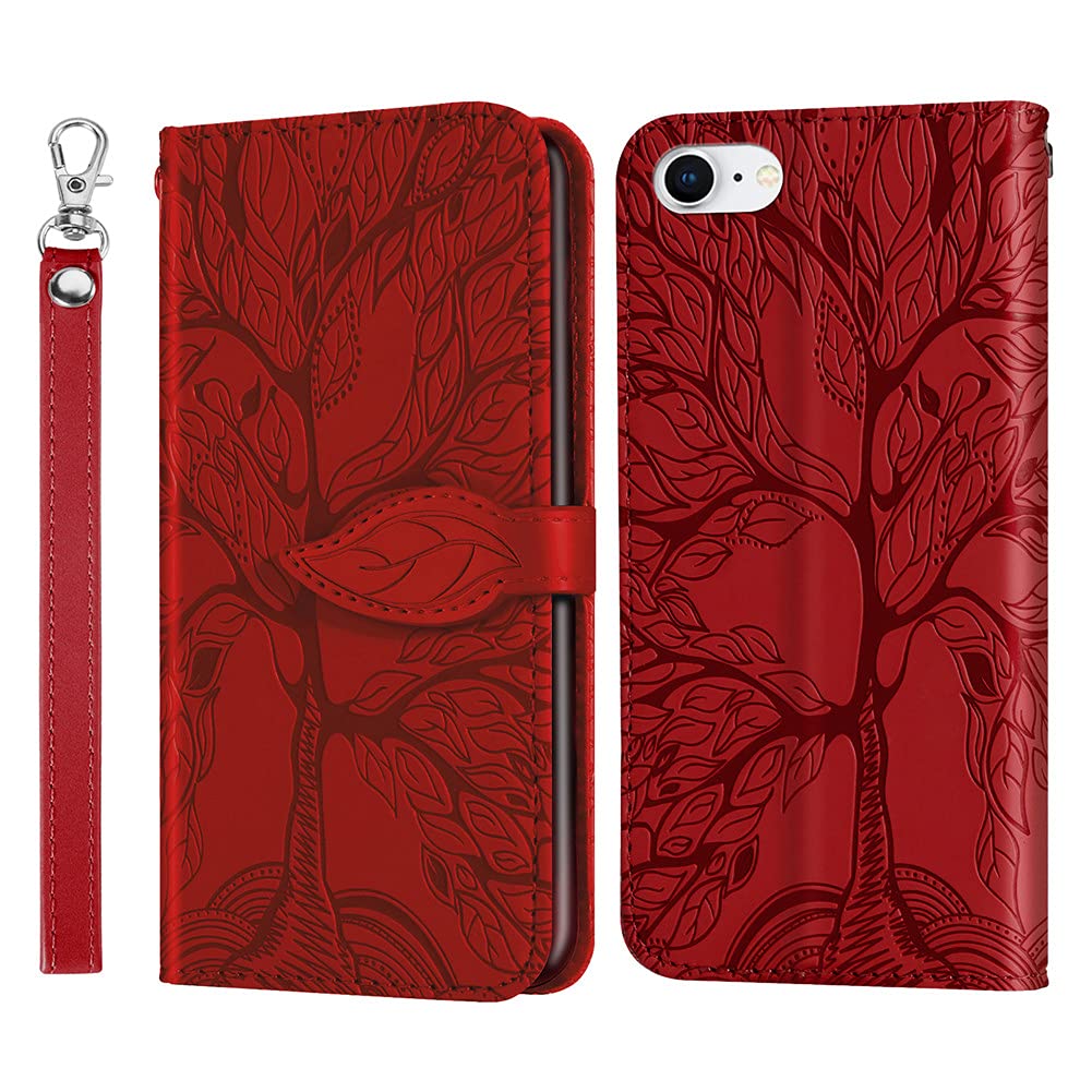 Premium Leather Wallet Case for iPhone SE 2020/8/7 - Magnetic Card Holder with Kickstand & Wrist Strap | Shockproof Flip Cover for Everyday Protection (Life Tree Red) | Perfect for Work, Travel & Outdoor Activities