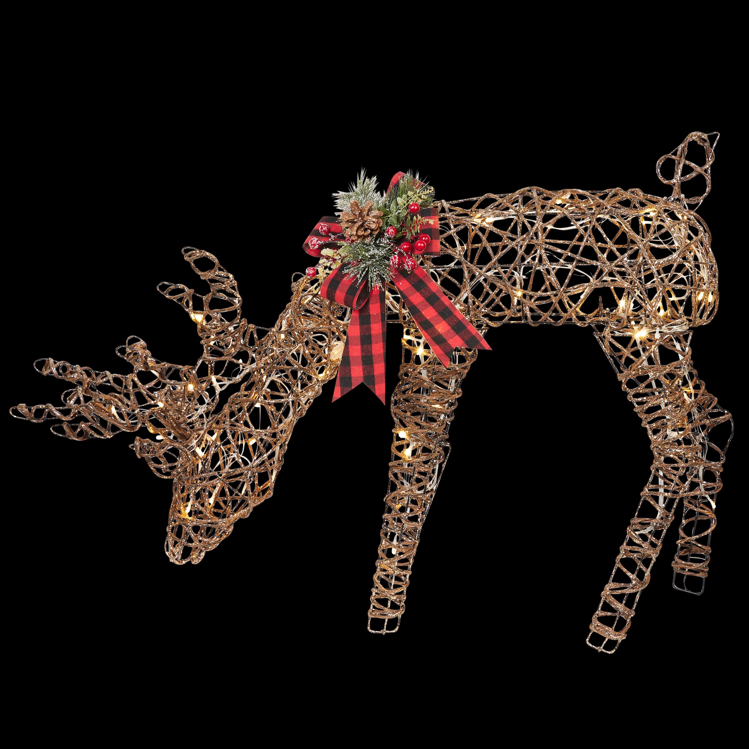 Rattan Grazing Reindeer with Bow & LED Lights - Christmas Holiday Home Decor for Mantel, Tabletop, and Outdoor Garden