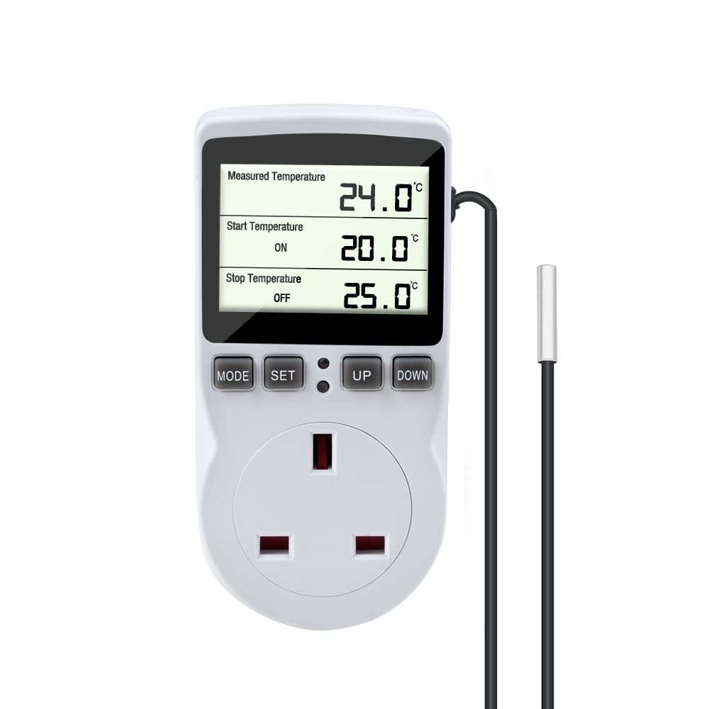 Gobesty Digital Temperature Controller Thermostat Outlet Socket - 230V Smart Plug with Temperature Sensor for Heating & Cooling - Perfect for Greenhouse, Farm, Aquarium, Reptile Tank & Home Brewing