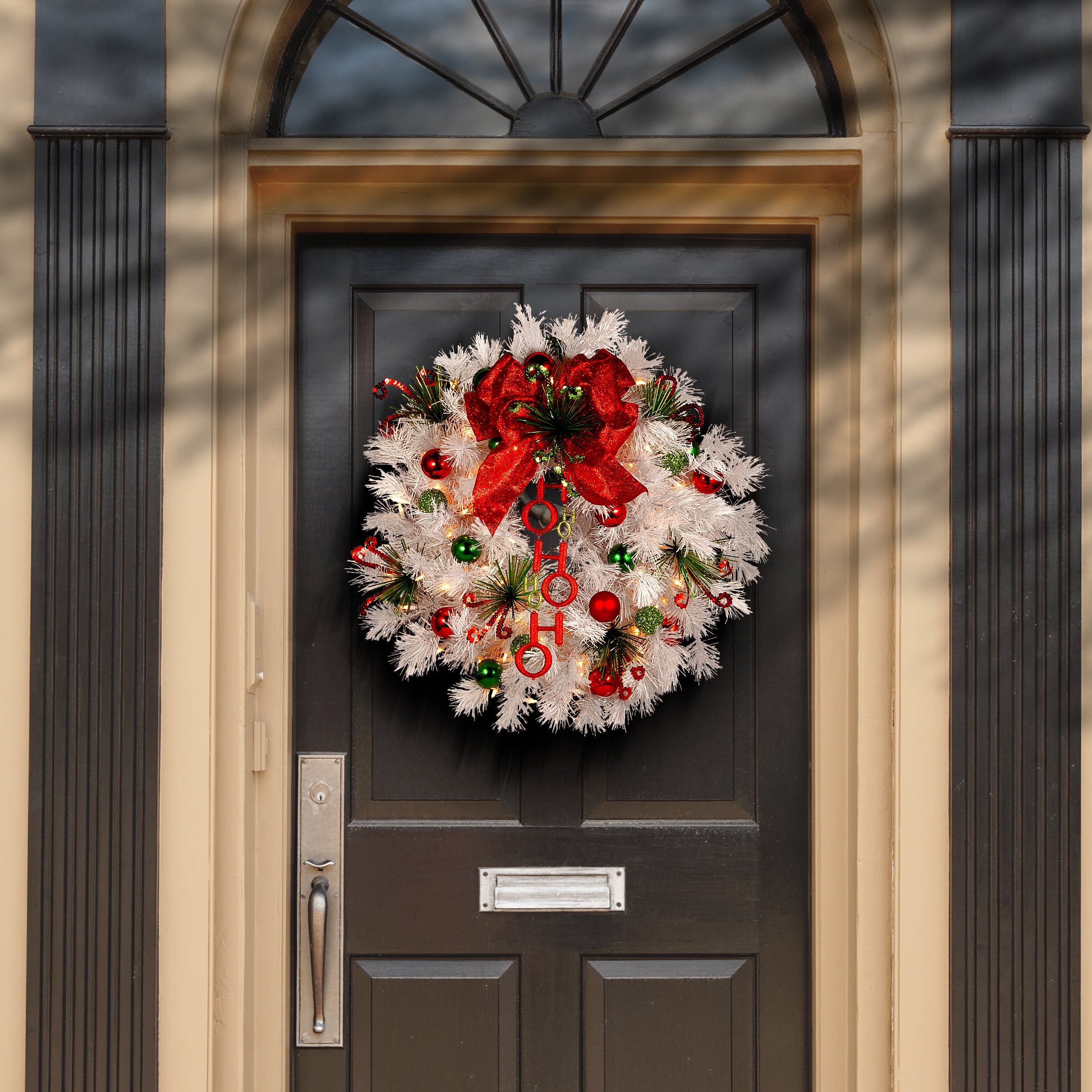 24 Inch Pre-Lit Ho Ho Ho Christmas Wreath with Warm White LED Lights - Perfect for Front Door Decor, Holiday Party, and Festive Home Decoration