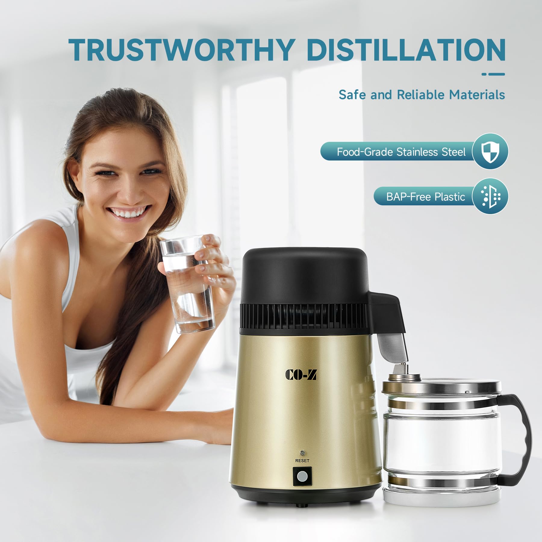 CO-Z 4L Stainless Steel Water Distiller Machine for Home Countertop - Pure Water Distilling System for Drinking, Cooking, Baby Formula & Humidifiers