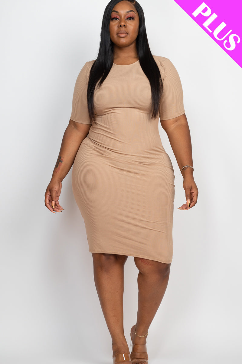 Plus Size Ribbed Short Sleeve Bodycon Midi Dress - CAPELLA | Flattering Curve-Hugging Fit for Women | Perfect for Date Night, Cocktail Parties & Summer Outings
