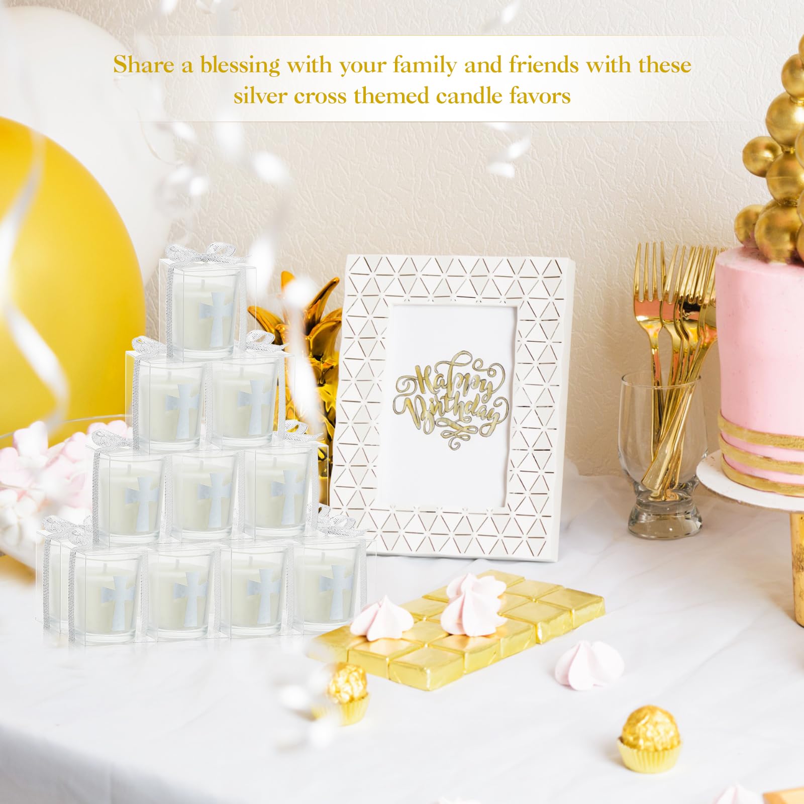 24 Pcs Silver Cross Themed Candles - Wedding Party Favors, Baptism Gifts, Bridal Shower Favors for Wedding, Birthday, Housewarming Party - Elegant Table Centerpiece & Guest Gifts for Religious Ceremonies & Special Occasions
