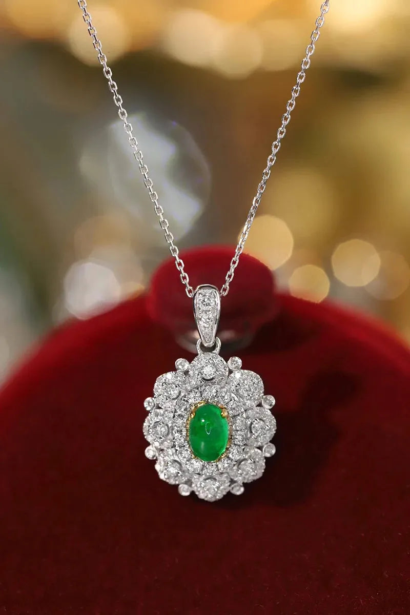 18K White & Yellow Gold Necklace with Real Natural Emerald & Diamonds | Luxury Women's Jewelry for Parties, Weddings & Special Occasions