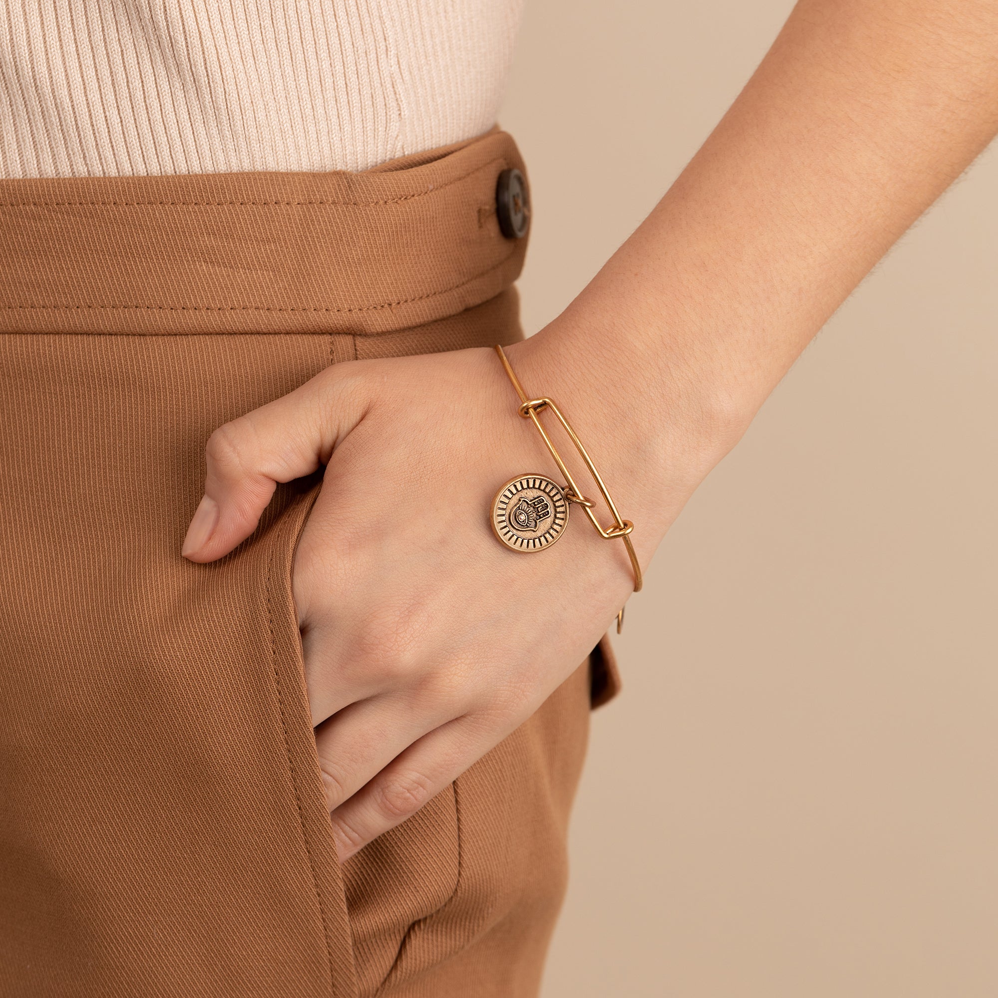 Hamsa Embossed Charm Bangle Bracelet - Hand of Fatima Jewelry for Women - Boho Ethnic Style Adjustable Bangle - Perfect for Yoga, Meditation & Spiritual Protection