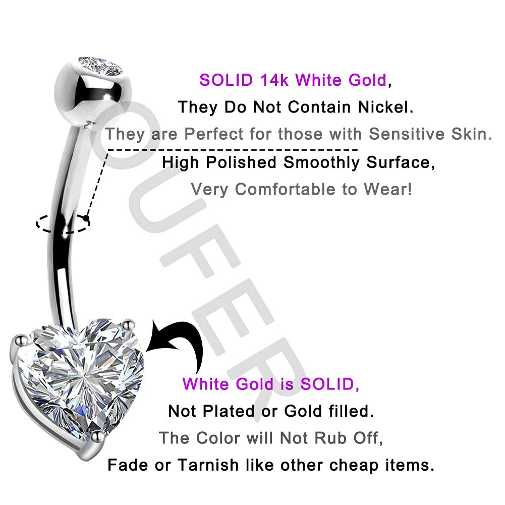 14K Solid White Gold Belly Button Rings with Heart Solitaire Cubic Zirconia - OUFER Navel Piercing Jewelry for Women | Elegant Body Jewelry for Everyday Wear, Parties, Beach Outfits & Special Occasions | Perfect for Date Nights, Vacations & Piercing Gifts | Ideal for Casual, Formal & Summer Fashion Styles