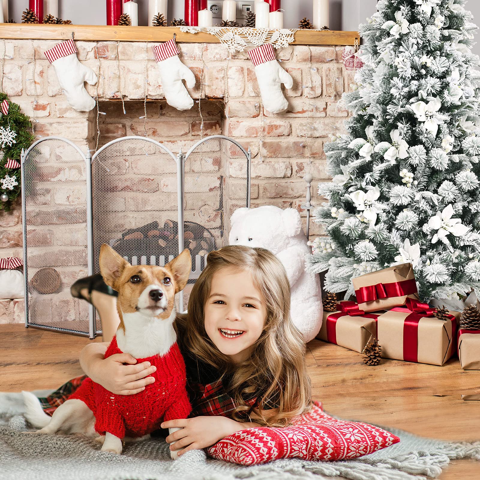 8ft Artificial Snow Flocked Christmas Tree with Metal Stand - 1239 Branch Tips, White Berries & Flowers | Hinged Design for Easy Setup | Perfect for Living Room, Office & Holiday Decor