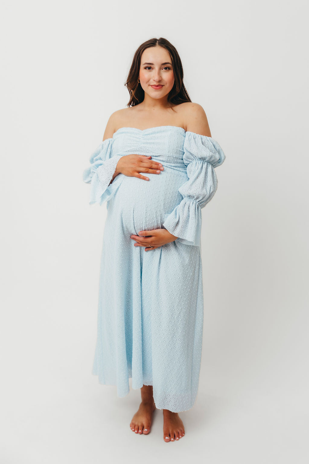 Corrine Tiered Sleeve Maxi Dress with Pockets - Baby Blue Maternity Dress | Bump Friendly & Comfortable for Pregnancy, Nursing, Baby Showers and Special Occasions