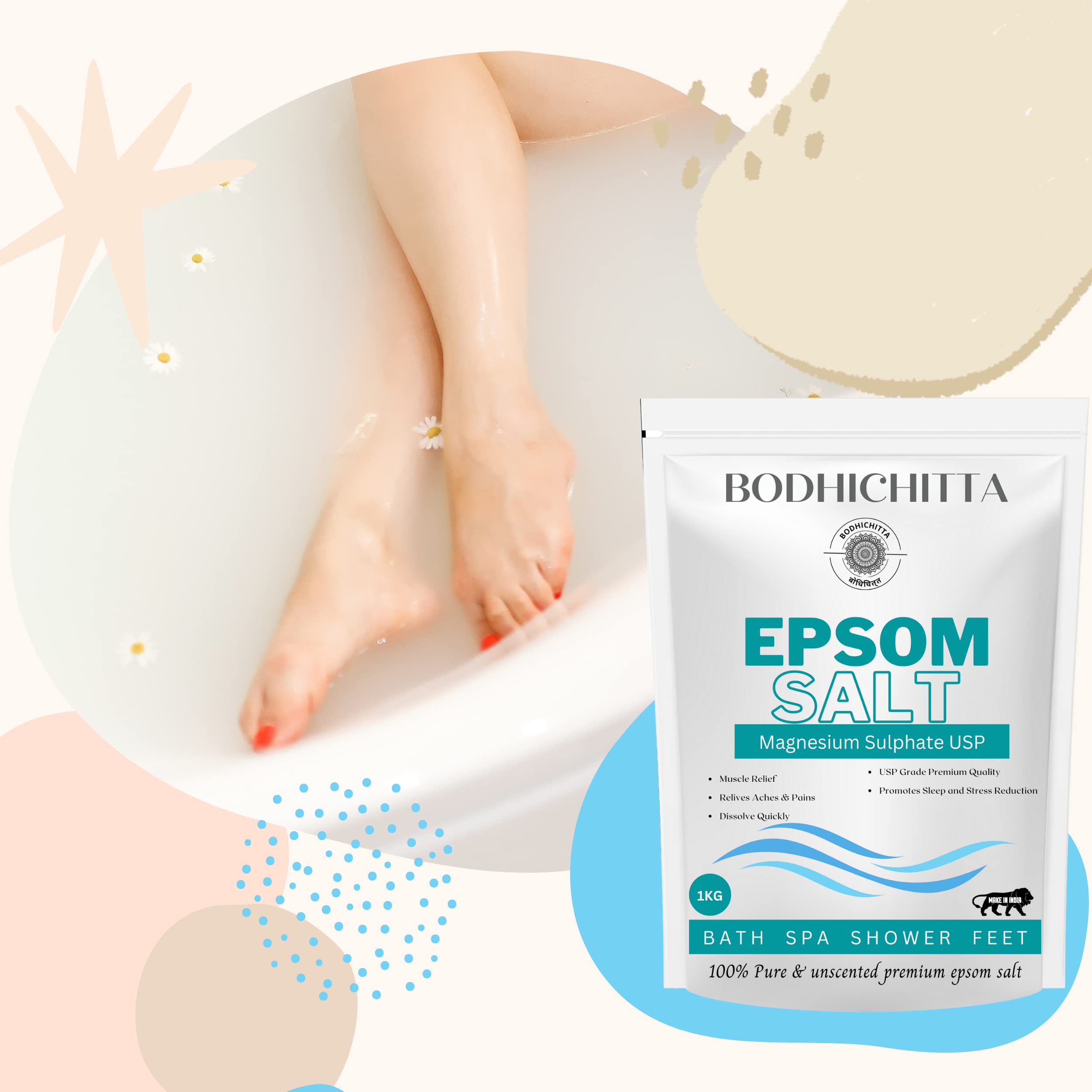 Bodhichitta Epsom Salt for Bath - 1kg Magnesium Sulfate Crystals for Muscle Relief, Pain & Stress Relief - Perfect for Relaxing Baths, Foot Soaks & Post-Workout Recovery