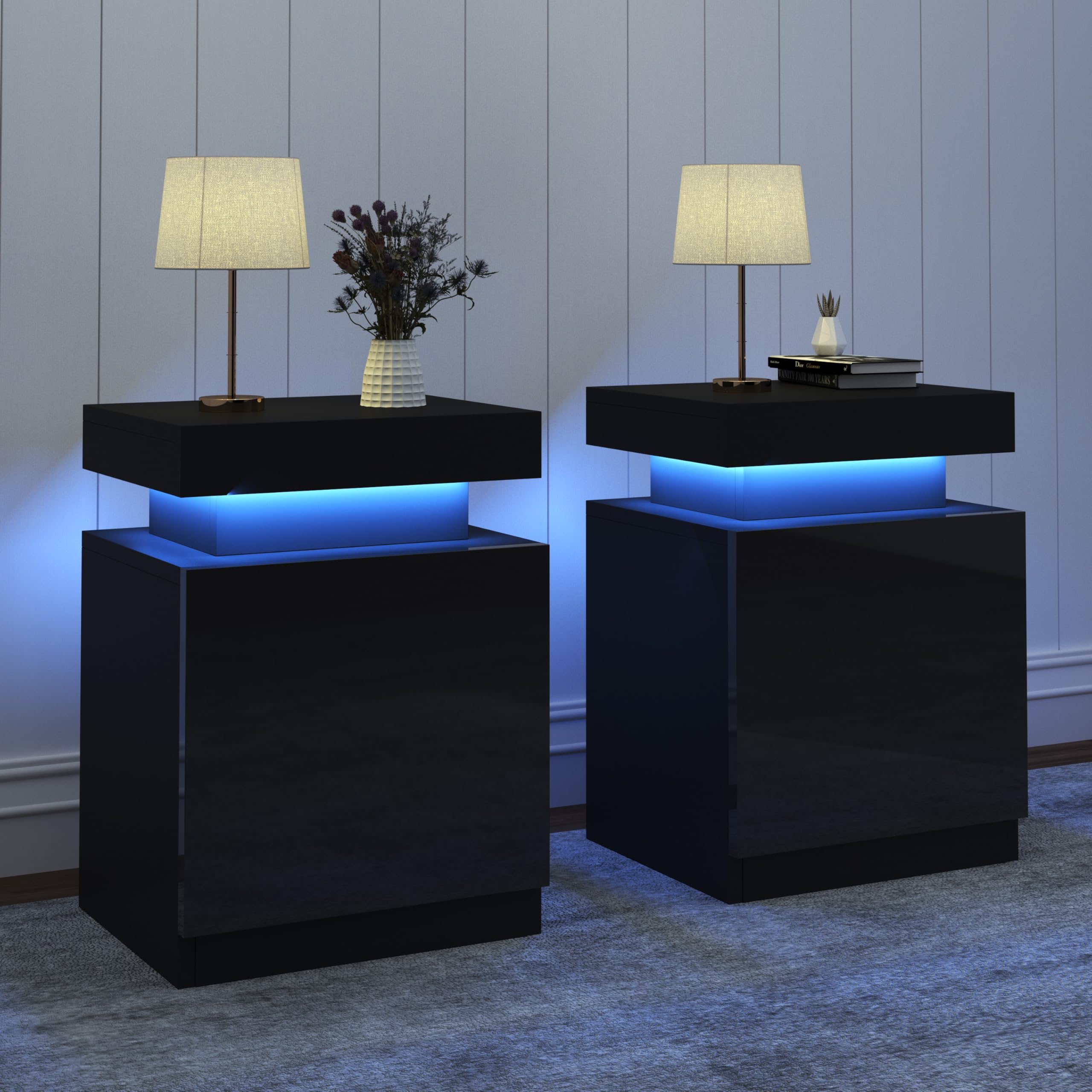 Oneinmil Nightstand Set of 2 - Modern LED Bedside Tables with Storage Cabinet & Touch Lights - Black End Tables for Bedroom, Living Room & Office (Perfect for Reading, Charging Devices & Bedroom Decor)