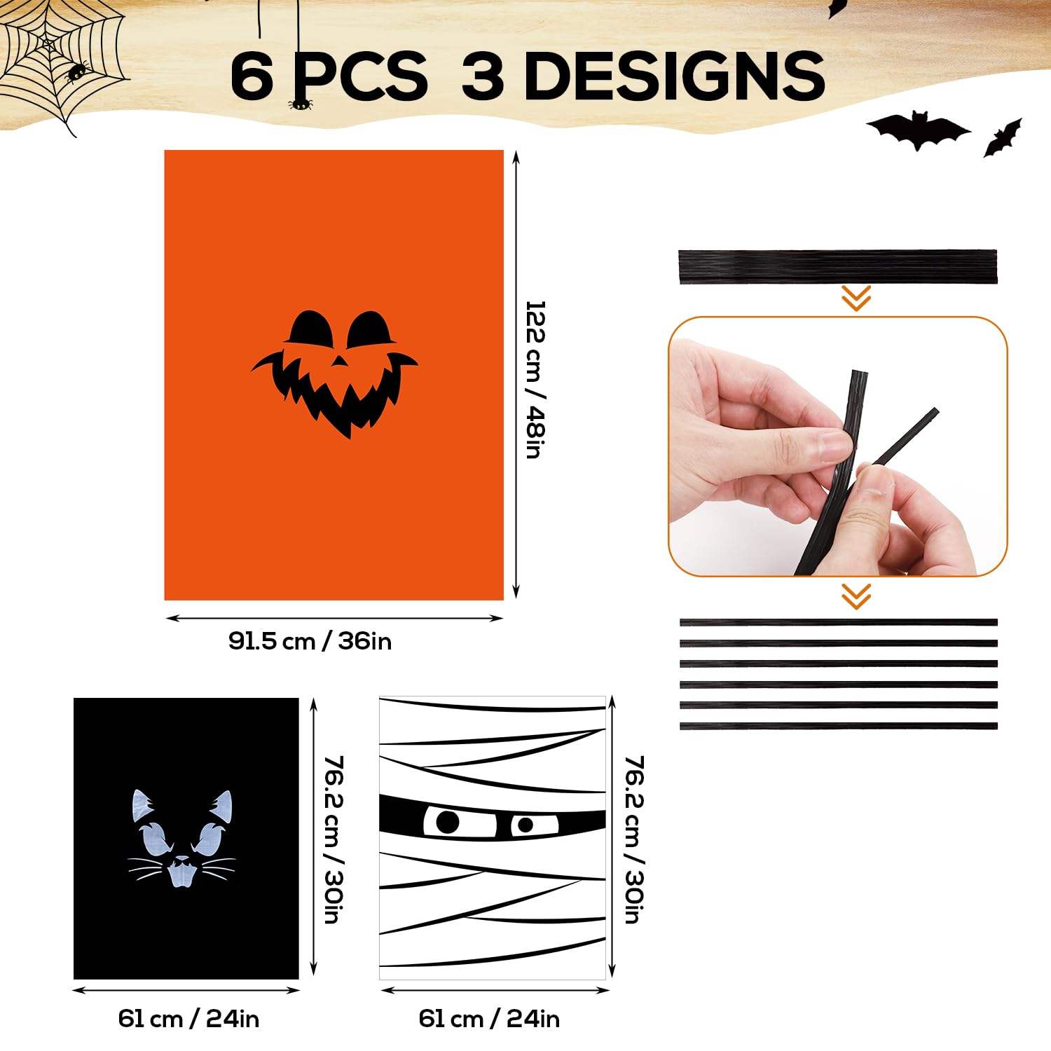 6-Pack Halloween Leaf Bags - Funny Pumpkin, Mummy & Black Cat Design Plastic Yard Waste Bags for Outdoor Fall Decorations, Garden Cleanup & Spooky Party Decor