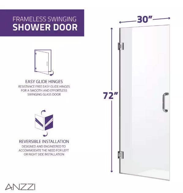 Anzzi SD AZ09 02MB Fellow Frameless Hinged Shower Door - 30