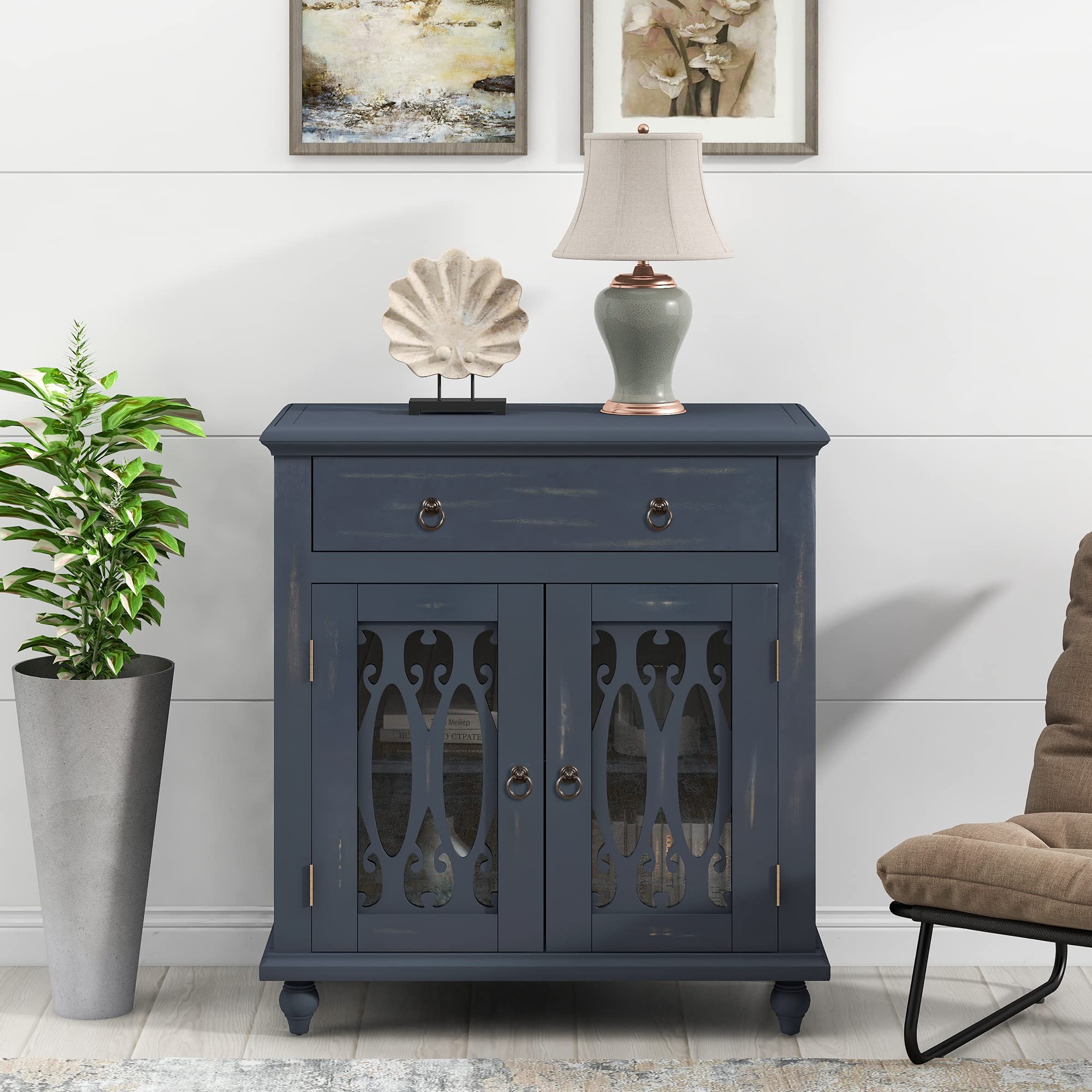 XD Designs Modern Vintage Accent Storage Cabinet with Doors & Adjustable Shelf - Sofa Table, Console Table, End Table for Entryway, Kitchen, Dining Room - Antique Gray - Perfect for Home Organization & Stylish Decor