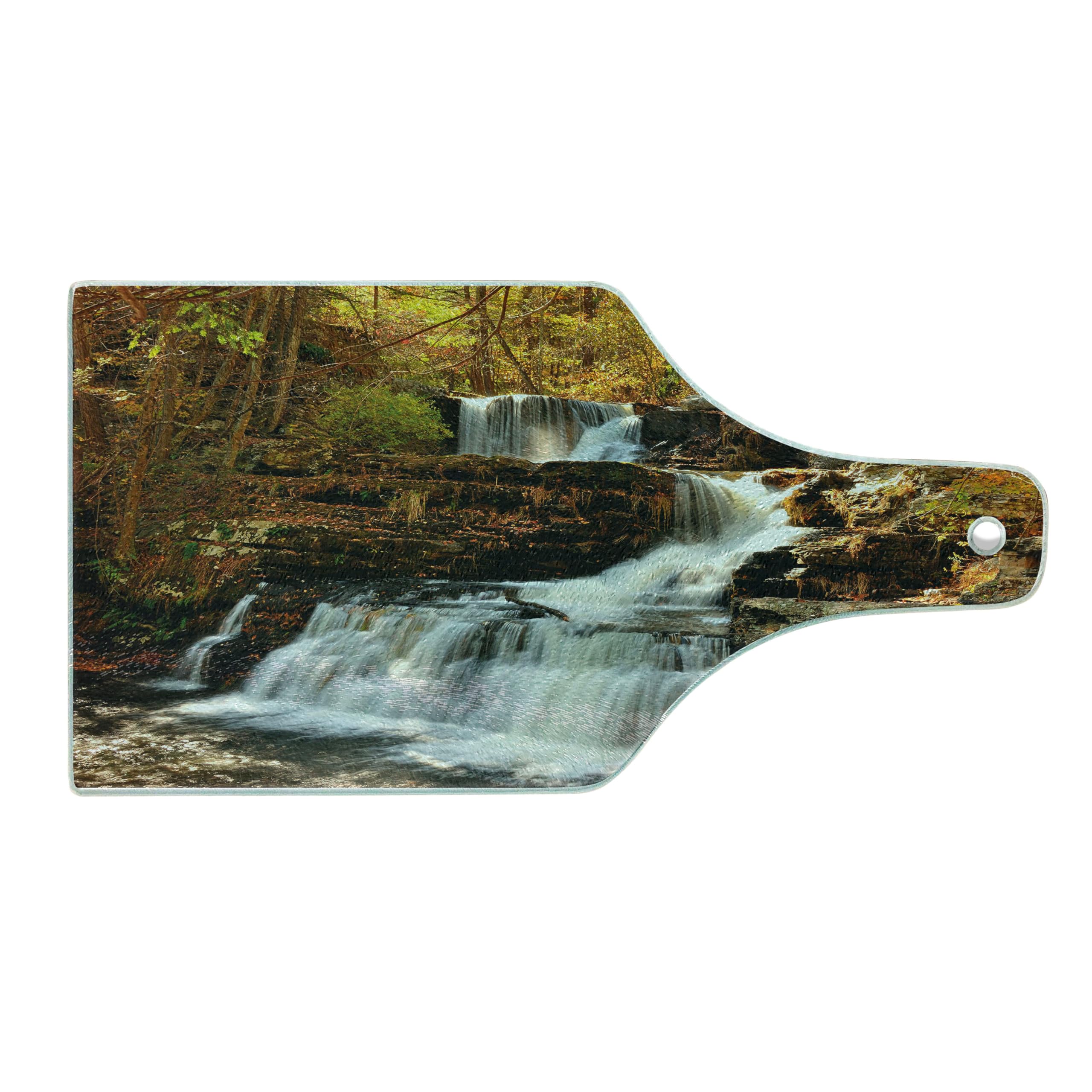 Ambesonne USA Wine Bottle Shaped Cutting Board - Delaware Water Gap Autumn Forest Scenery - Tempered Glass Serving Board for Kitchen & Dining - Brown Green White Design - Perfect for Entertaining, Charcuterie & Wine Pairing