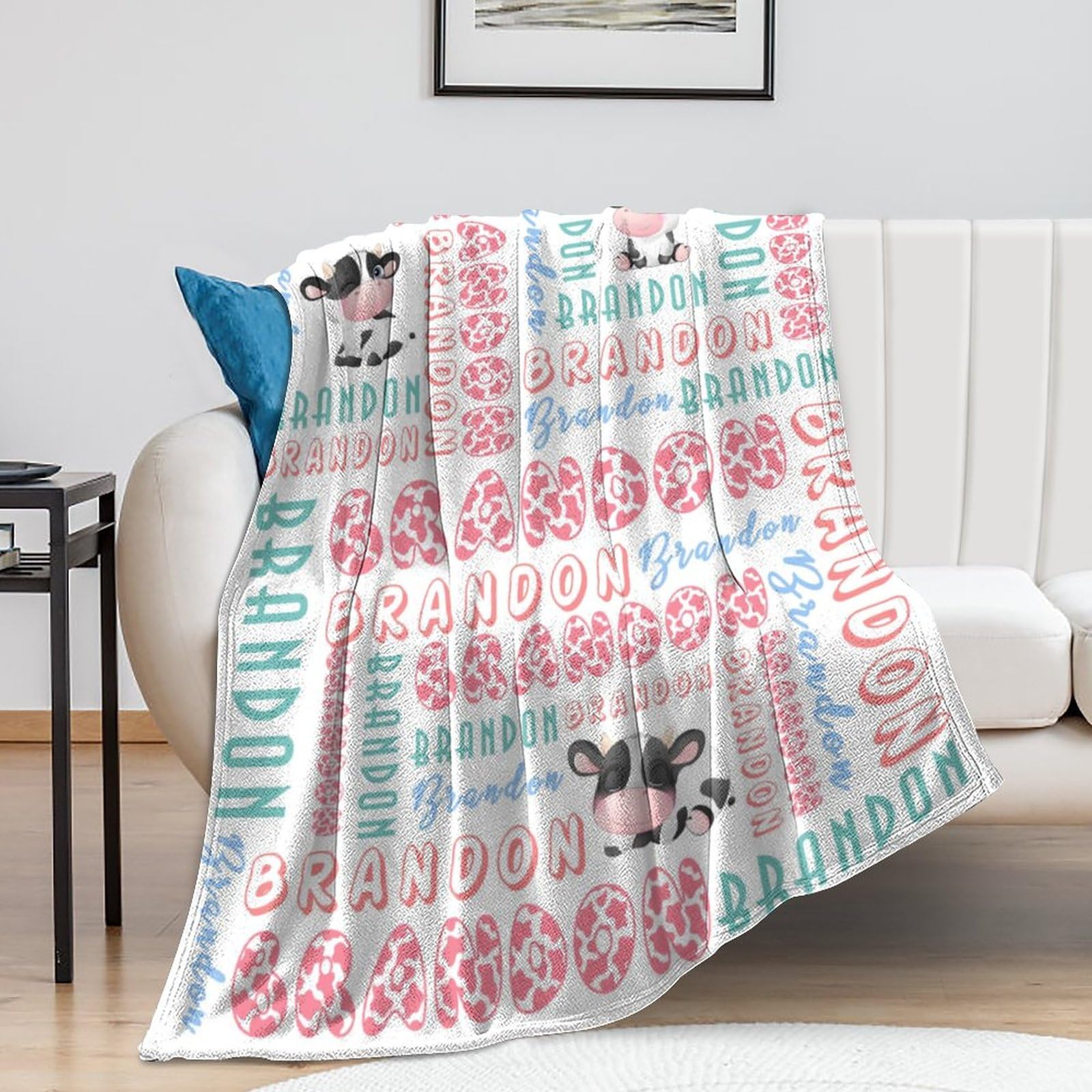Artsadd Personalized Cow Print Fleece Blanket - Custom Name Baby Blanket for Girls & Boys | 30