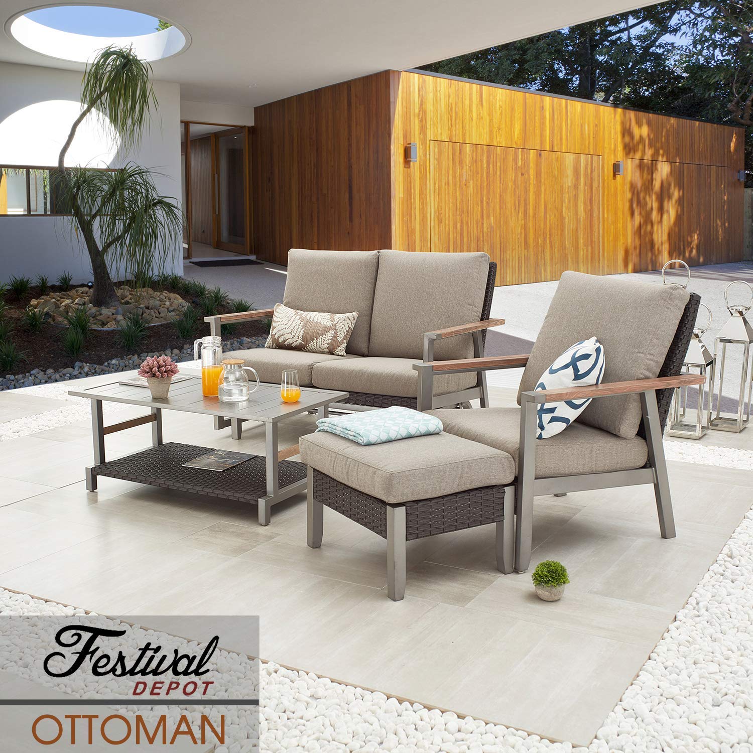 Outdoor Rattan Wicker Ottoman with Thick Cushion - All-Weather Metal Footrest Stool for Patio, Garden & Lawn - Perfect for Relaxing, Entertaining & Outdoor Decor