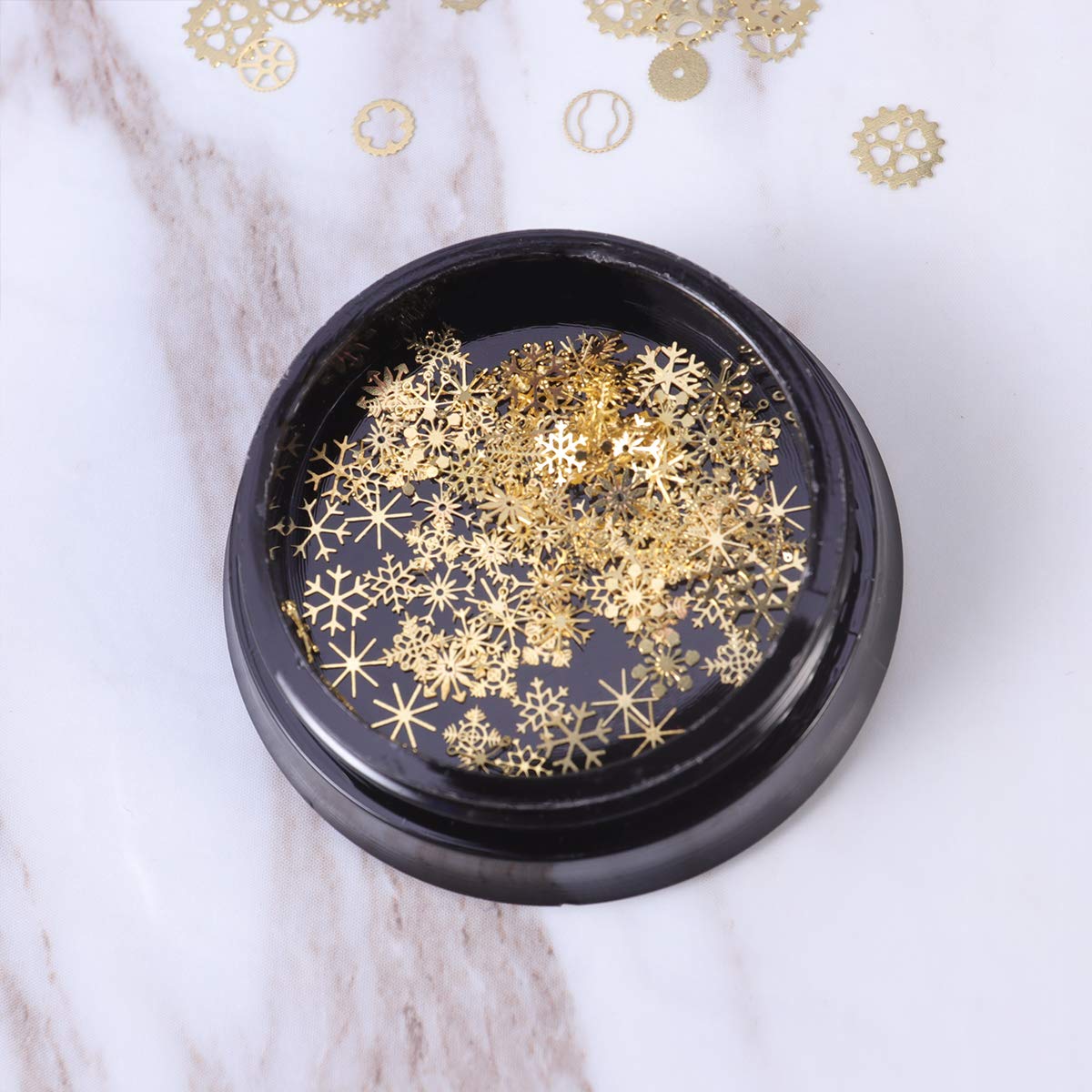 SOLUSTRE 2 Pack Gold Snowflake Nail Foil Flakes - Christmas Nail Art Decals, 3D Metallic Nail Sparkle Decorations for Holiday Manicure & DIY Nail Designs - Perfect for Christmas Parties, Winter Nail Art, and Festive Nail Decorations