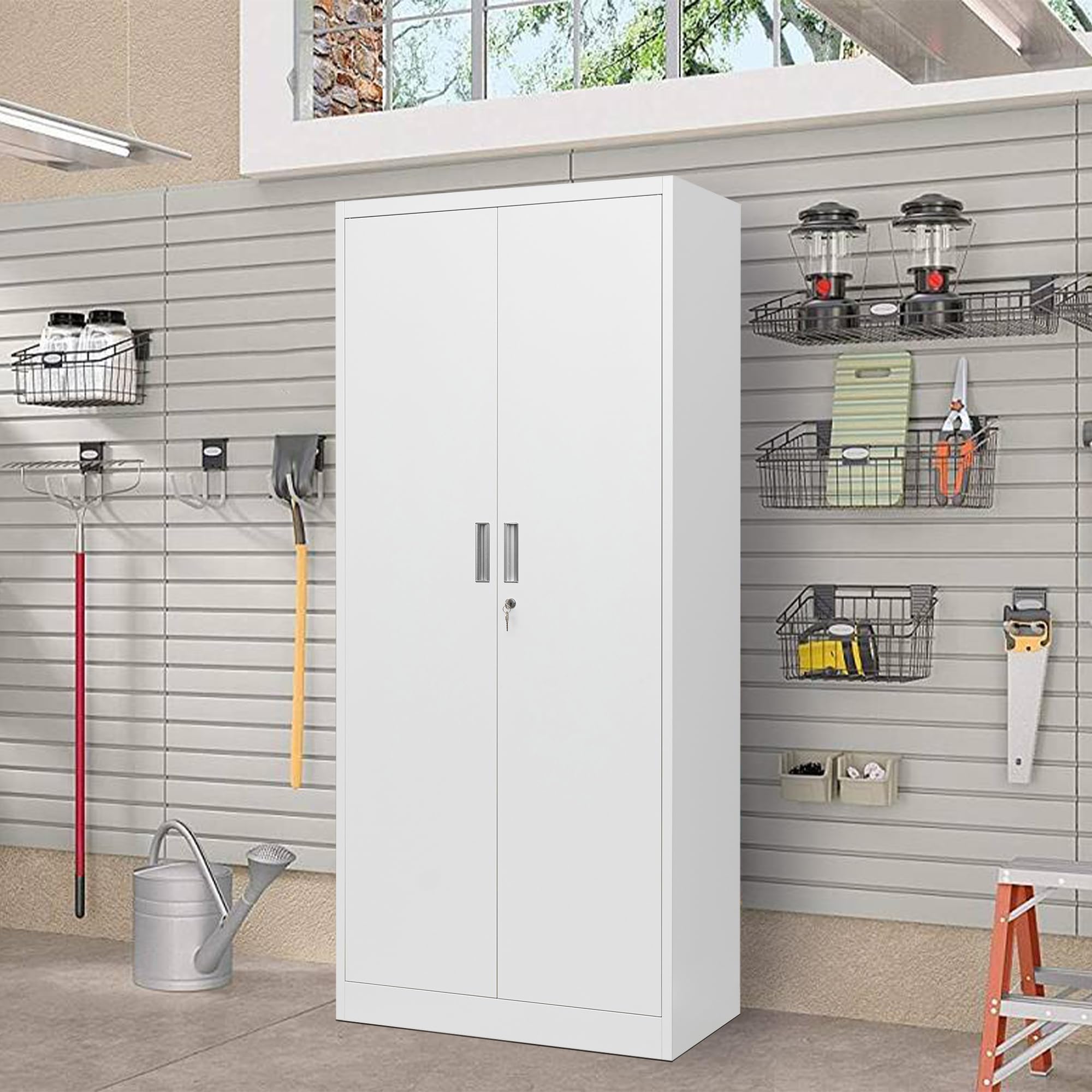 Heavy Duty Metal Storage Cabinet with Lock - 2 Lockable Doors & 4 Adjustable Shelves, White Garage Storage Organizer for Office, Home, Gym, School - Perfect for Storing Tools, Supplies & Equipment