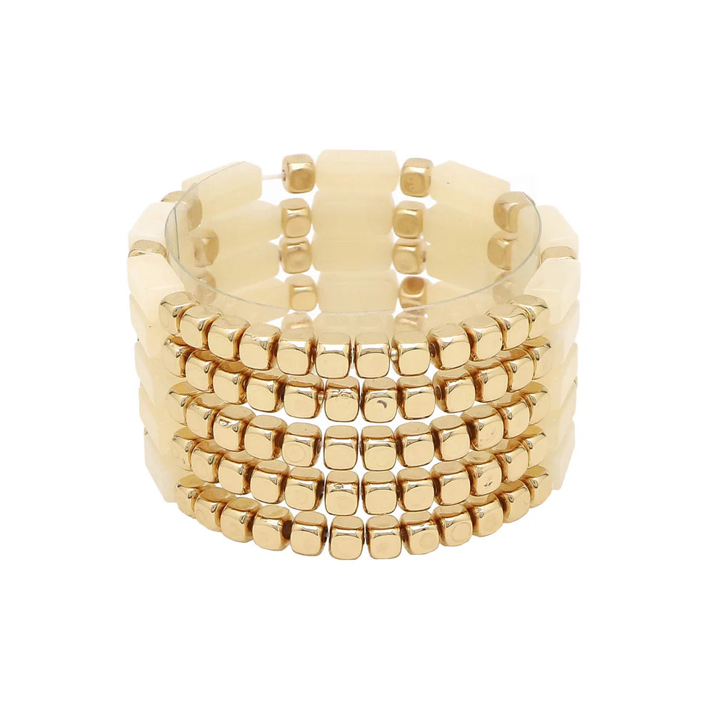 Stylish Acrylic Rectangle & Gold Beaded Stretch Bracelet Set for Women - Trendy Stackable Jewelry for Casual Wear, Parties & Gifts