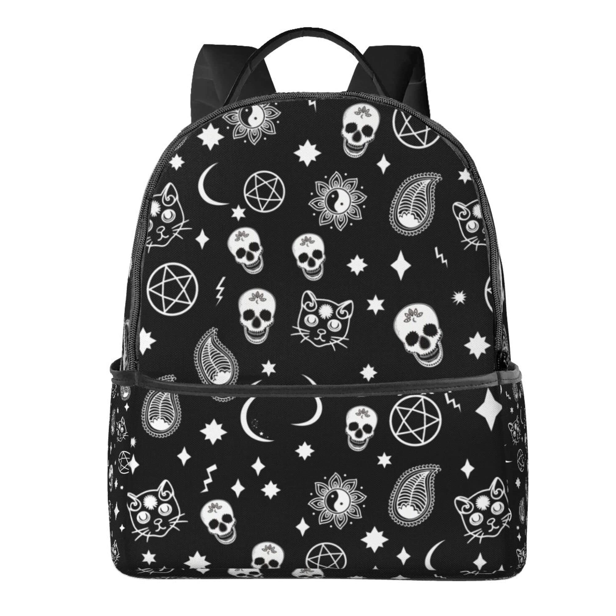 AMRANDOM Gothic Skull Cat Moon Pattern Black Laptop Backpack - Waterproof College Book Bag for Students, Hiking, Camping & School | Perfect for Daily Use, Travel & Work